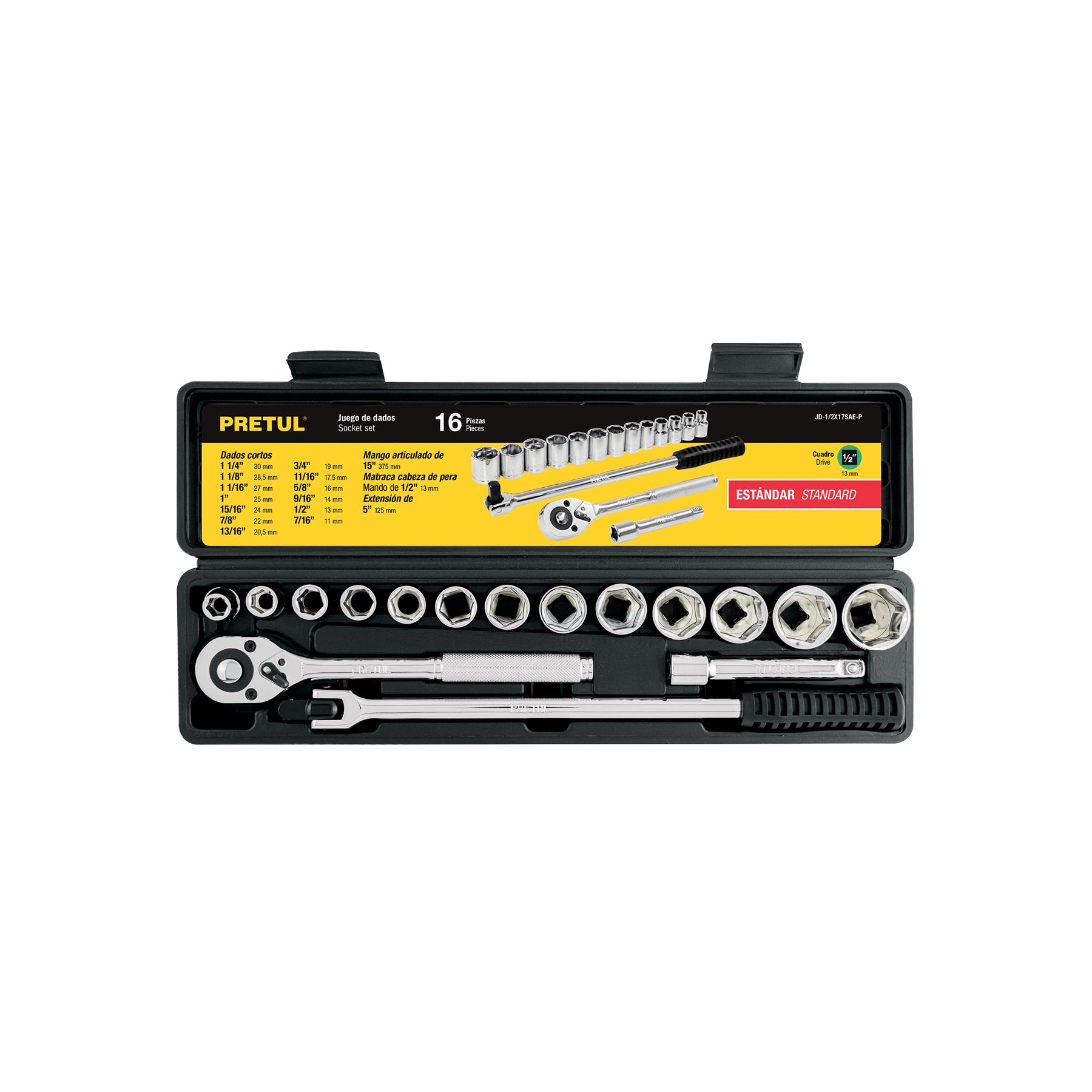 Juego de 16 herramientas 1/2" std para mecánico, PRETUL