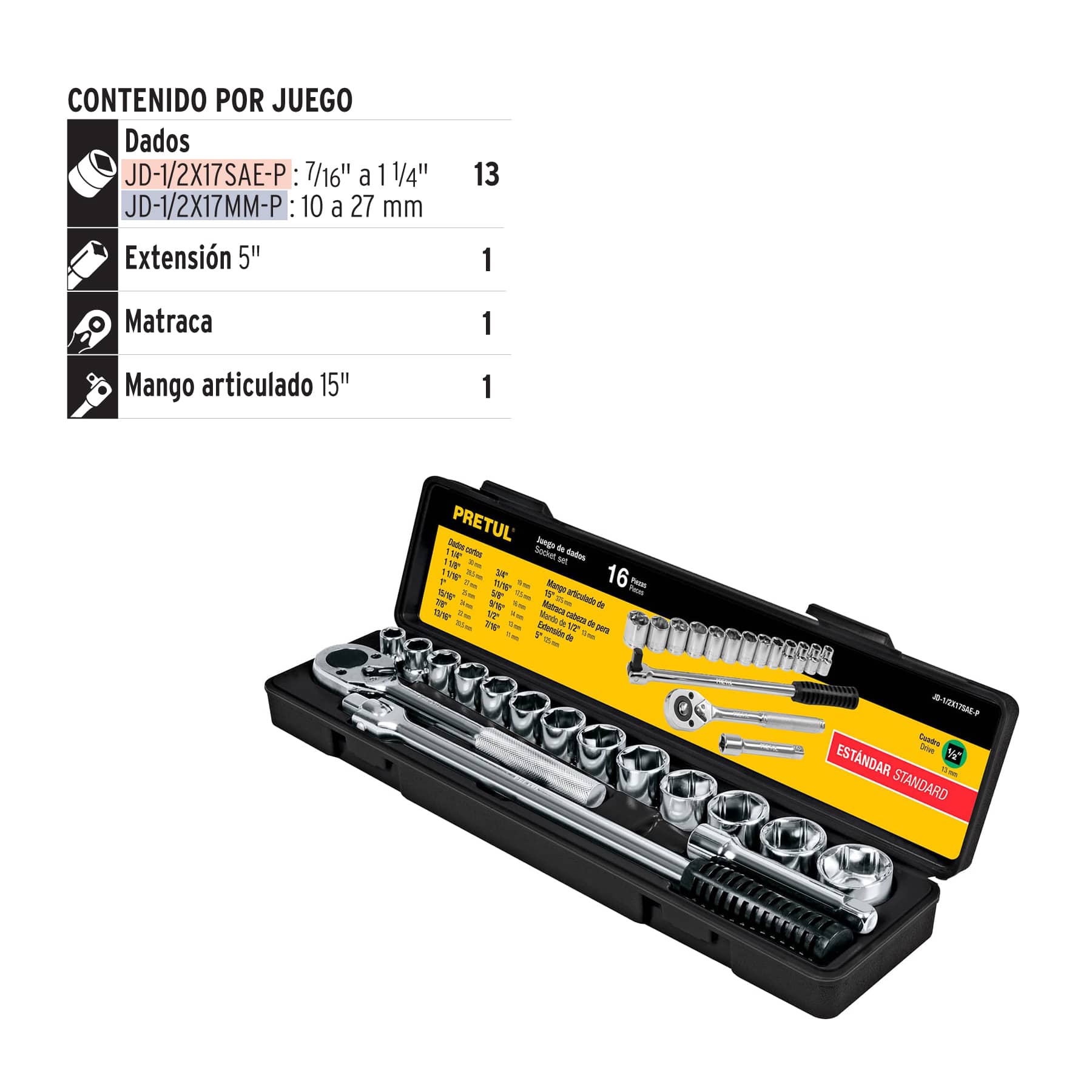 Juego de 16 herramientas 1/2" std para mecánico, PRETUL
