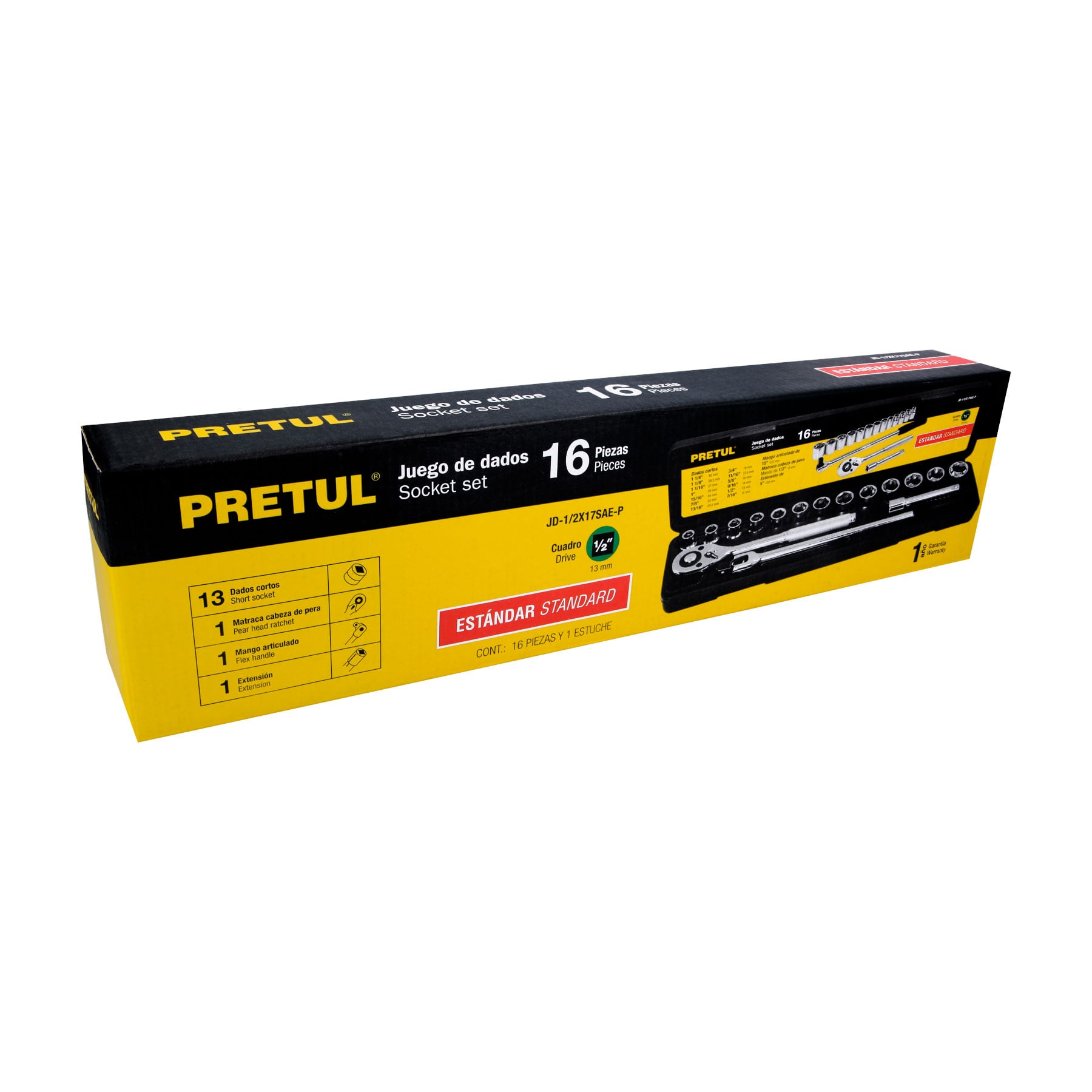 Juego de 16 herramientas 1/2" std para mecánico, PRETUL