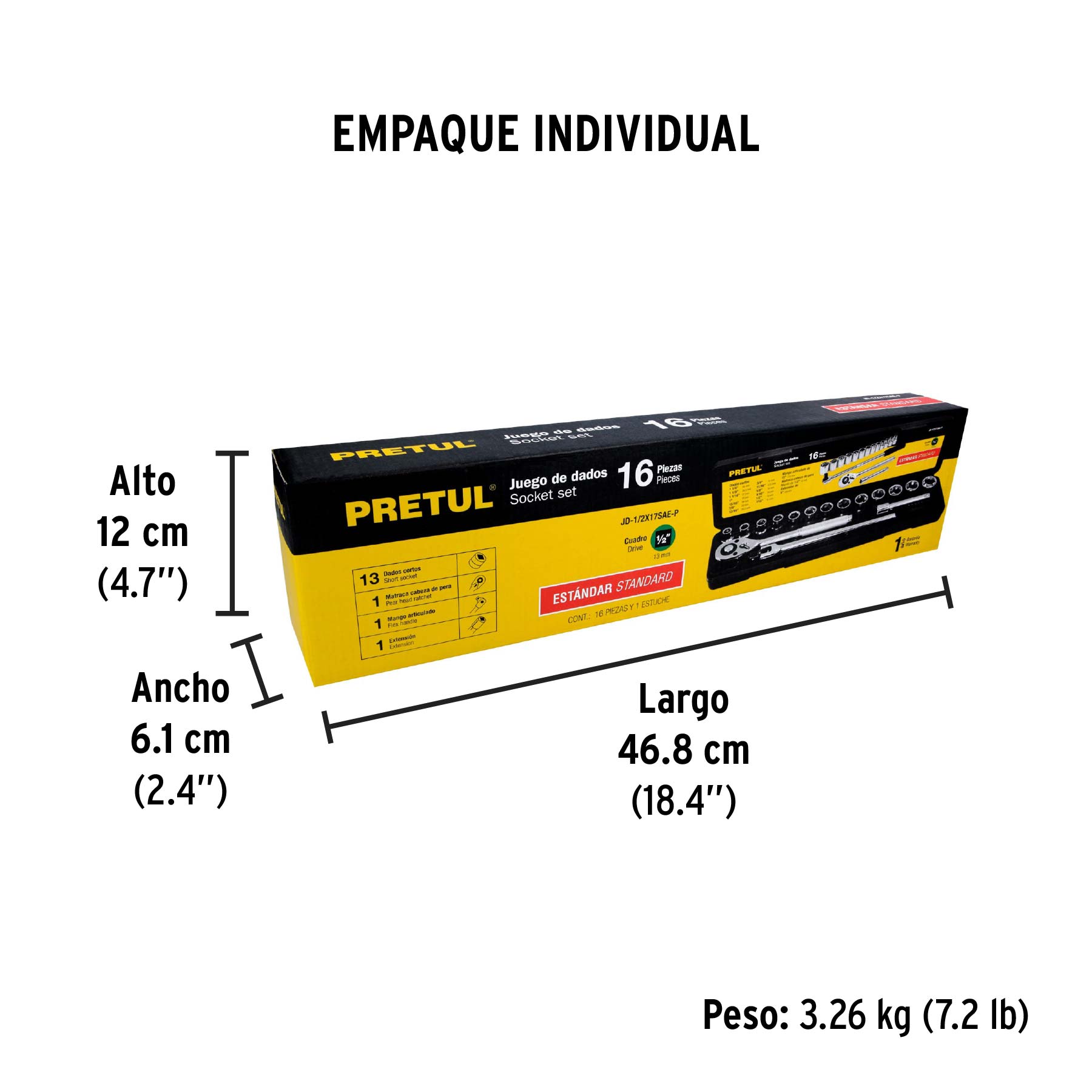 Juego de 16 herramientas 1/2" std para mecánico, PRETUL - Empaque