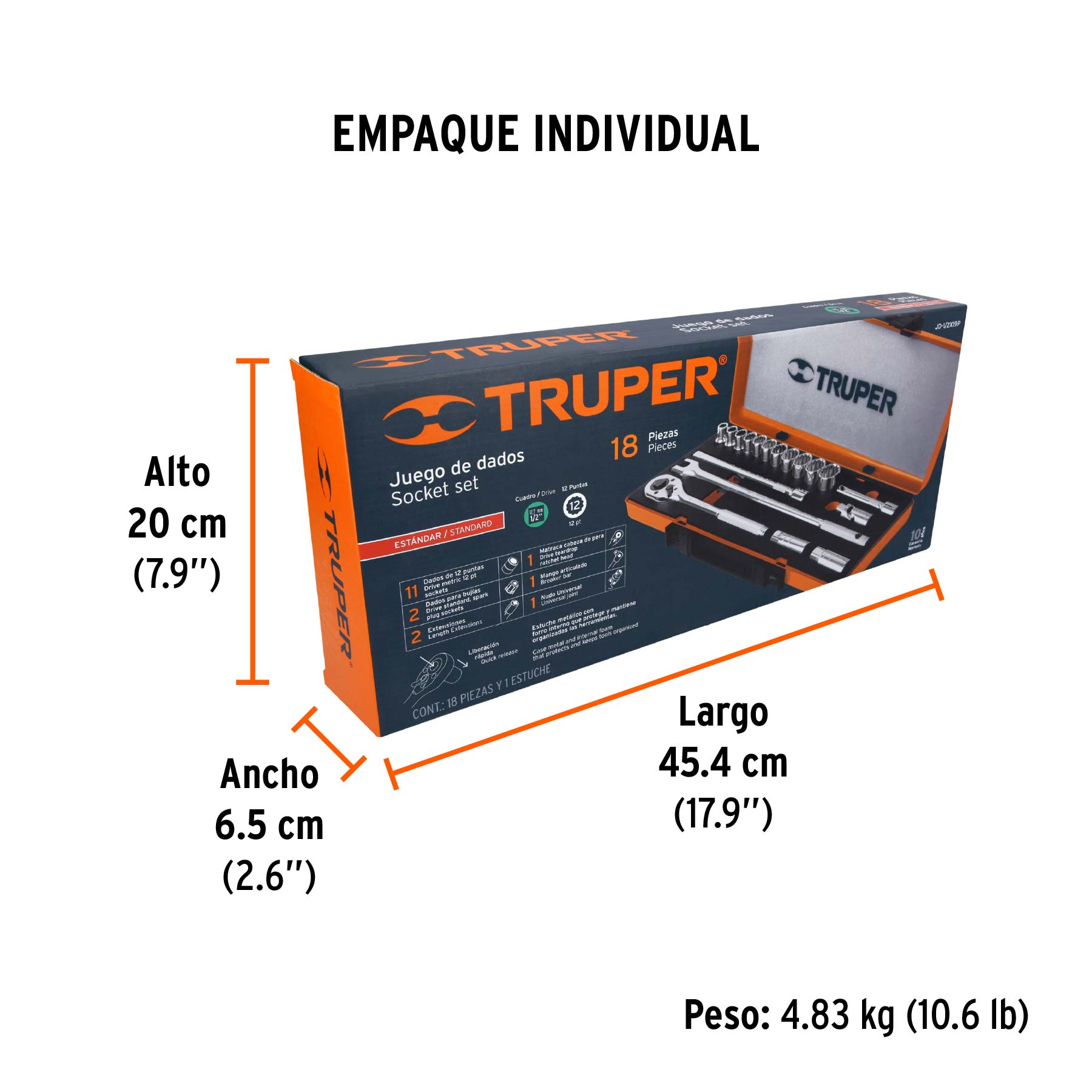 Juego de 18 herramientas cuadro 1/2" std para mecánico - Empaque