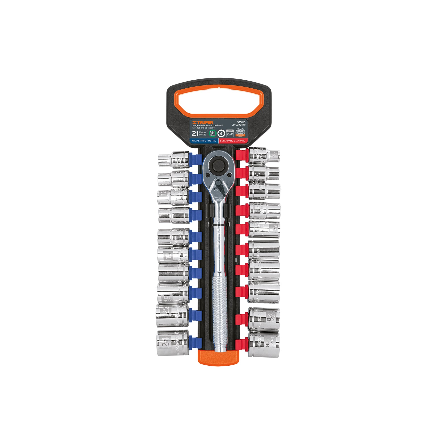 Juego de dados mm y std con matraca, cuadro 1/2", TRUPER