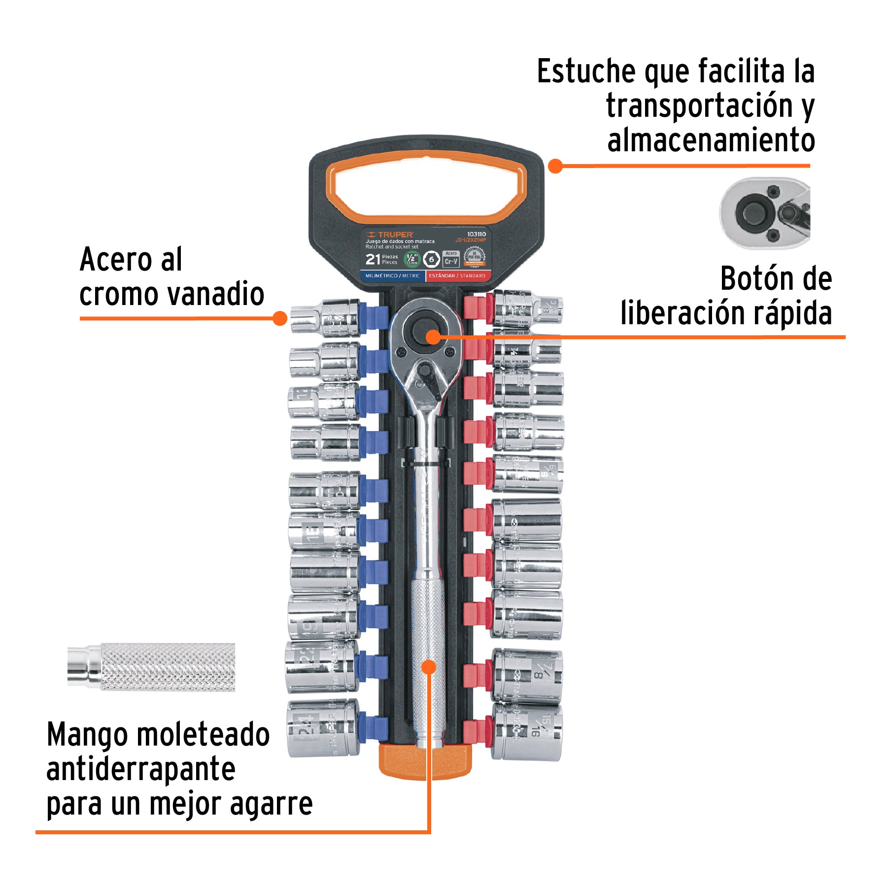 Juego de dados mm y std con matraca, cuadro 1/2", TRUPER
