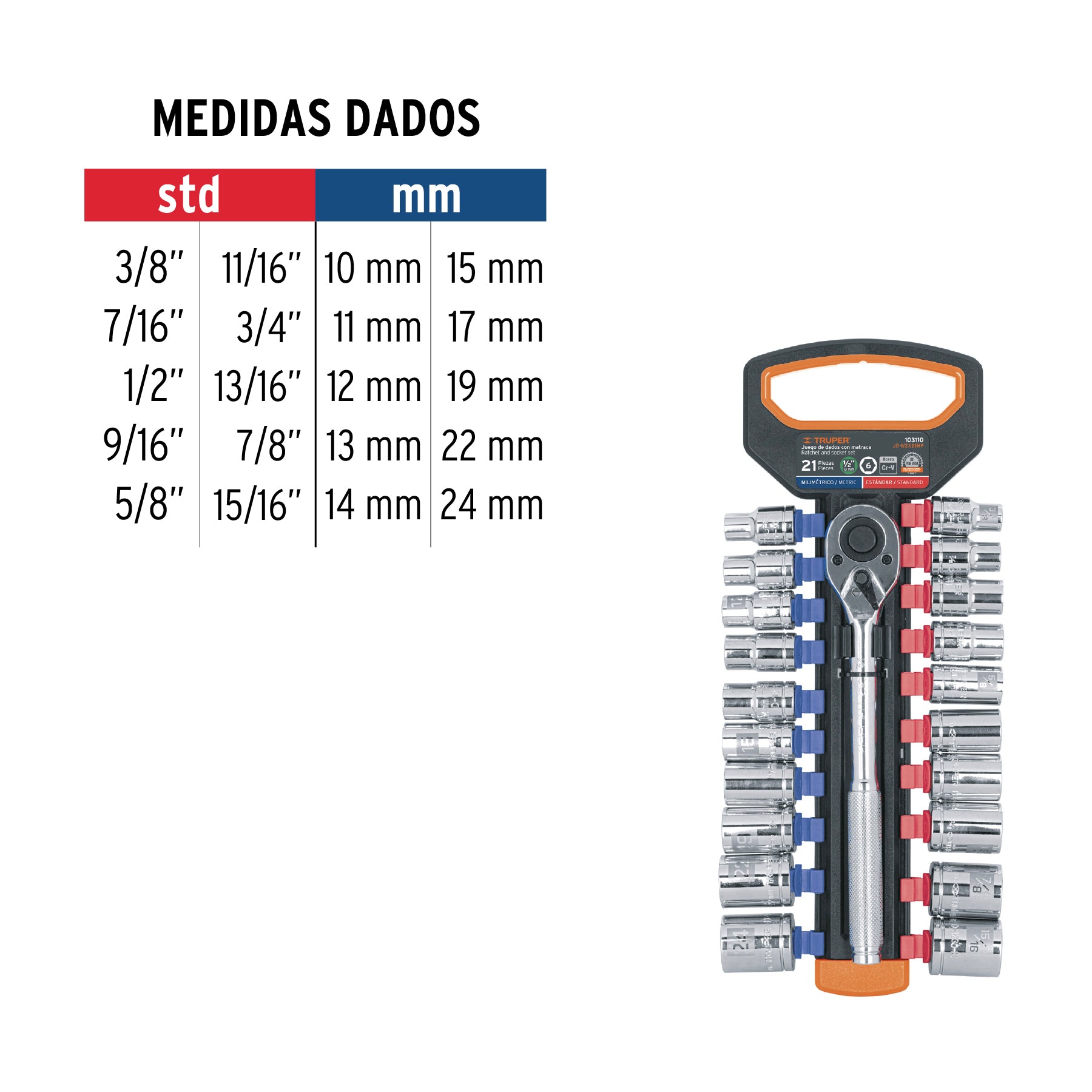 Juego de dados mm y std con matraca, cuadro 1/2", TRUPER