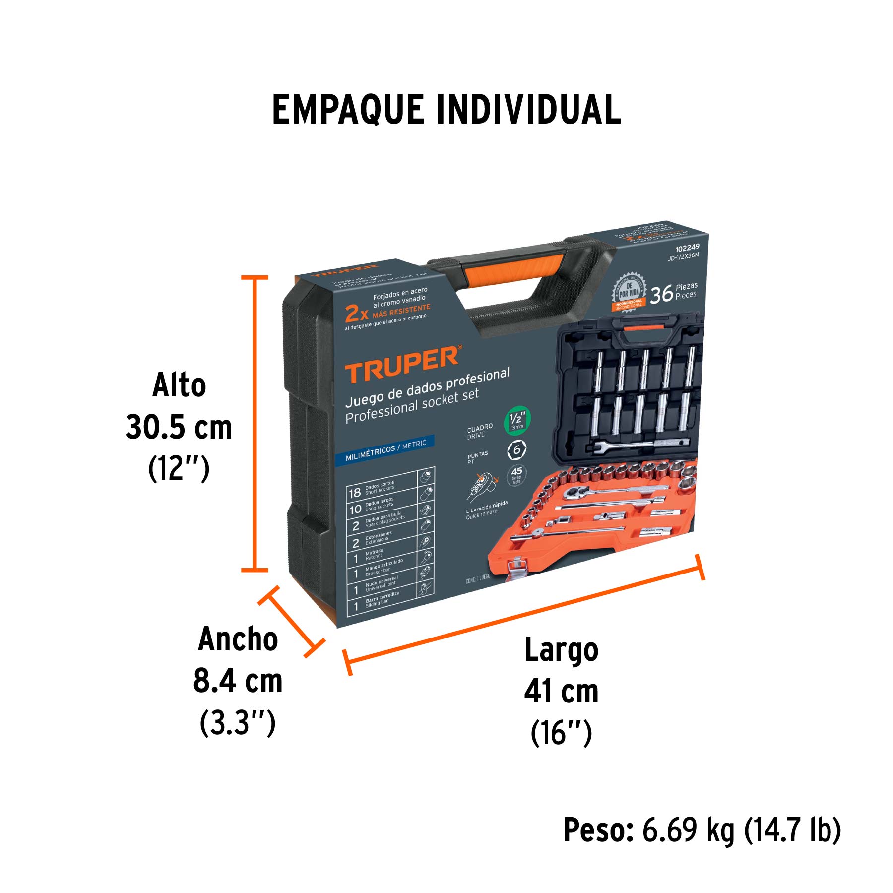 Juego de 36 herramientas cuadro 1/2" mm para mecánico - Empaque