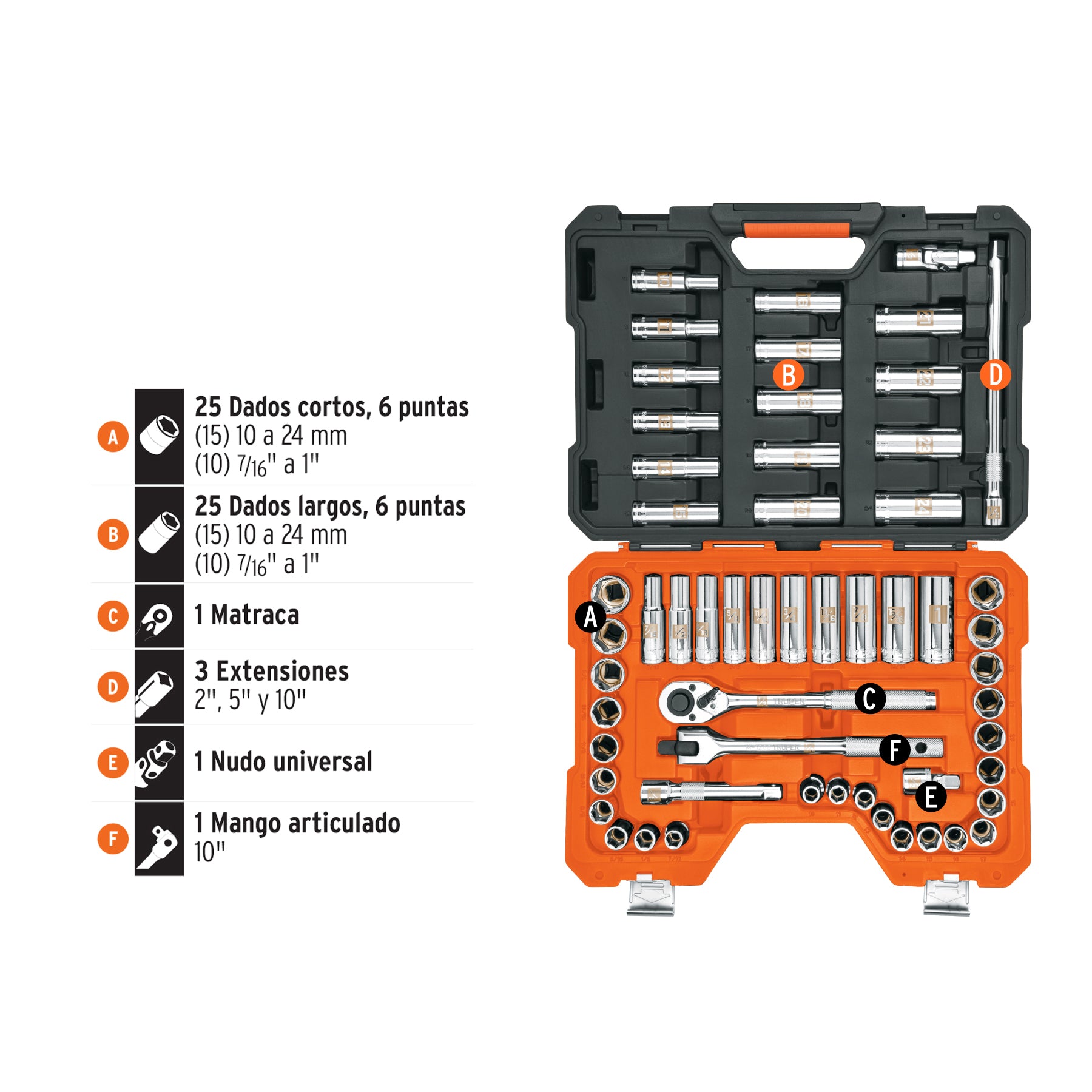 Juego de 56 herramientas cuadro 1/2" std y mm para mecánico