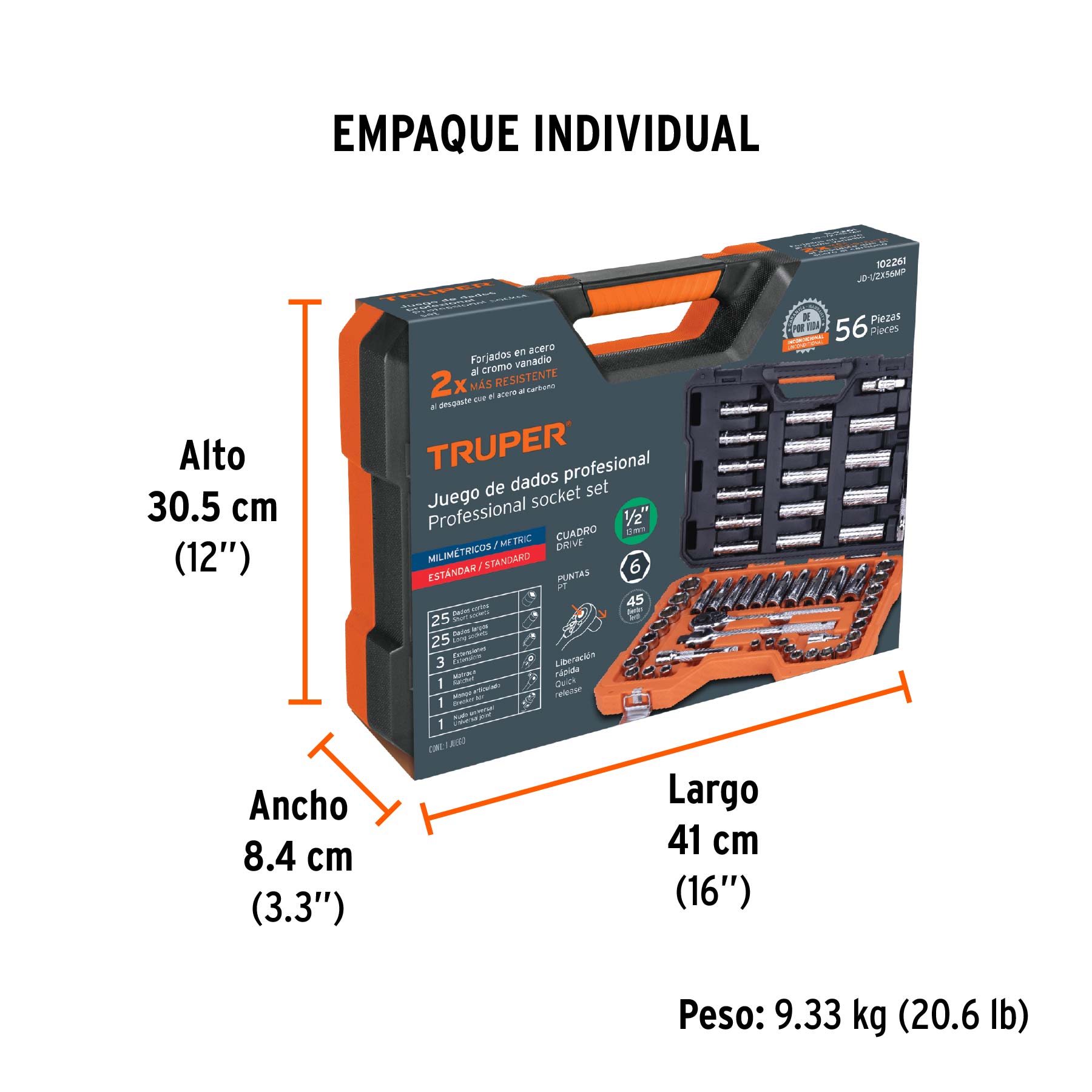 Juego de 56 herramientas cuadro 1/2" std y mm para mecánico - Empaque