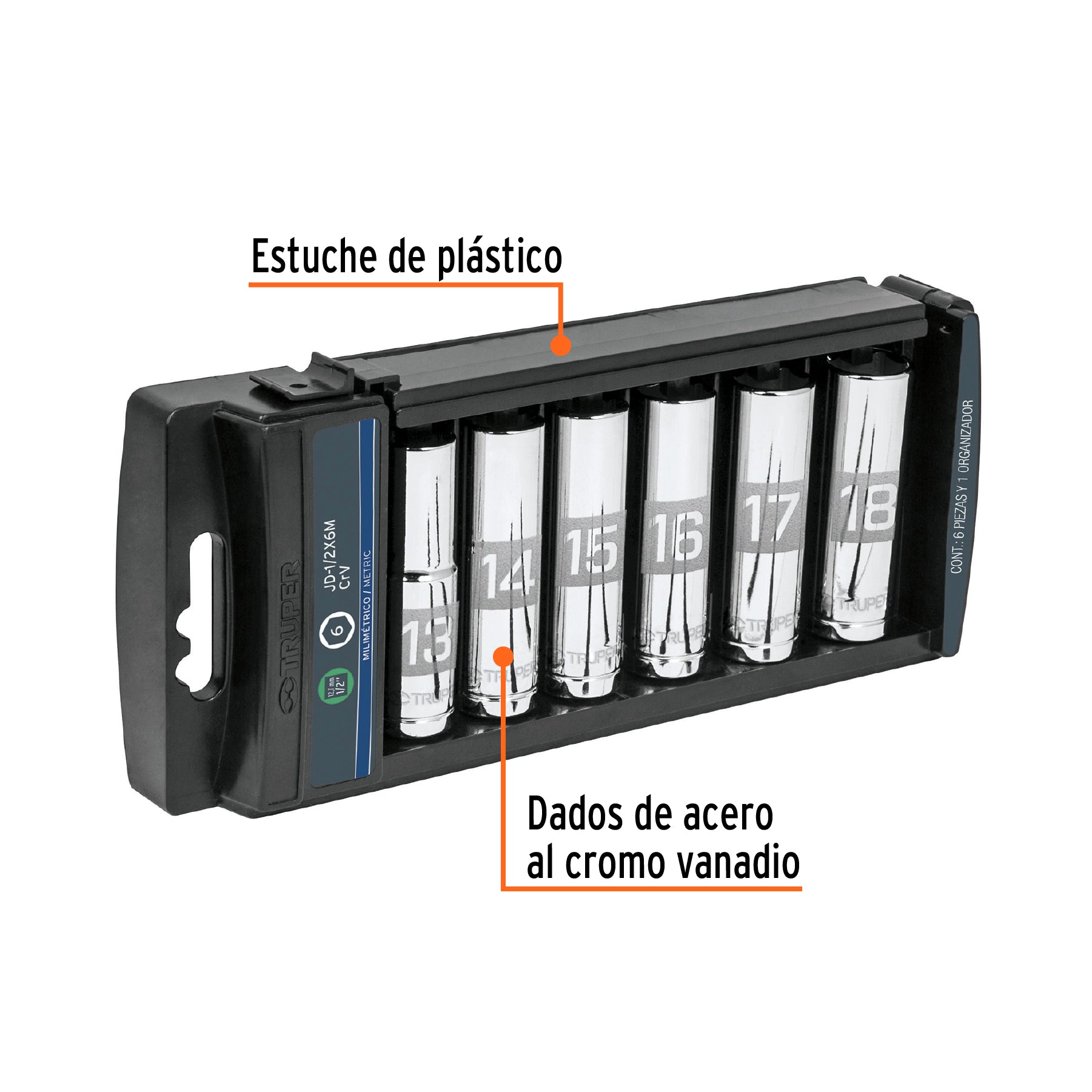 Juego 6 dados largos cuadro 1/2" mm, TRUPER