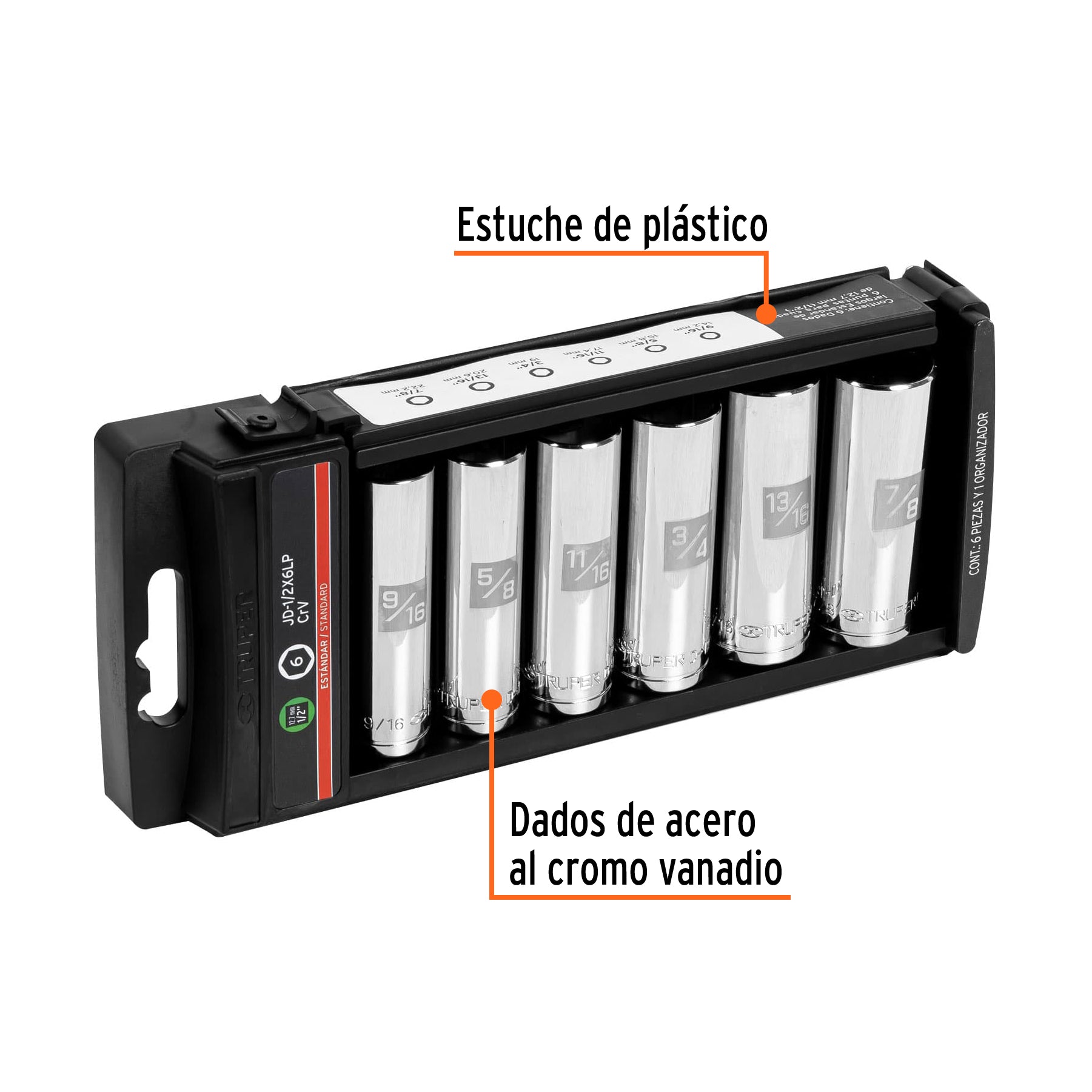 Juego 6 dados largos cuadro 1/2" std, TRUPER