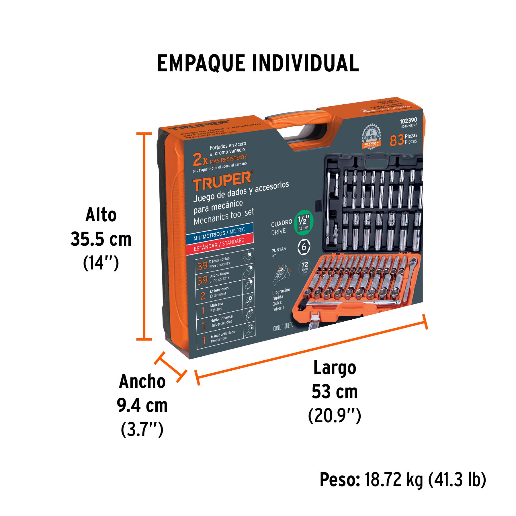 Juego de 83 herramientas cuadro 1/2" std y mm para mecánico - Empaque