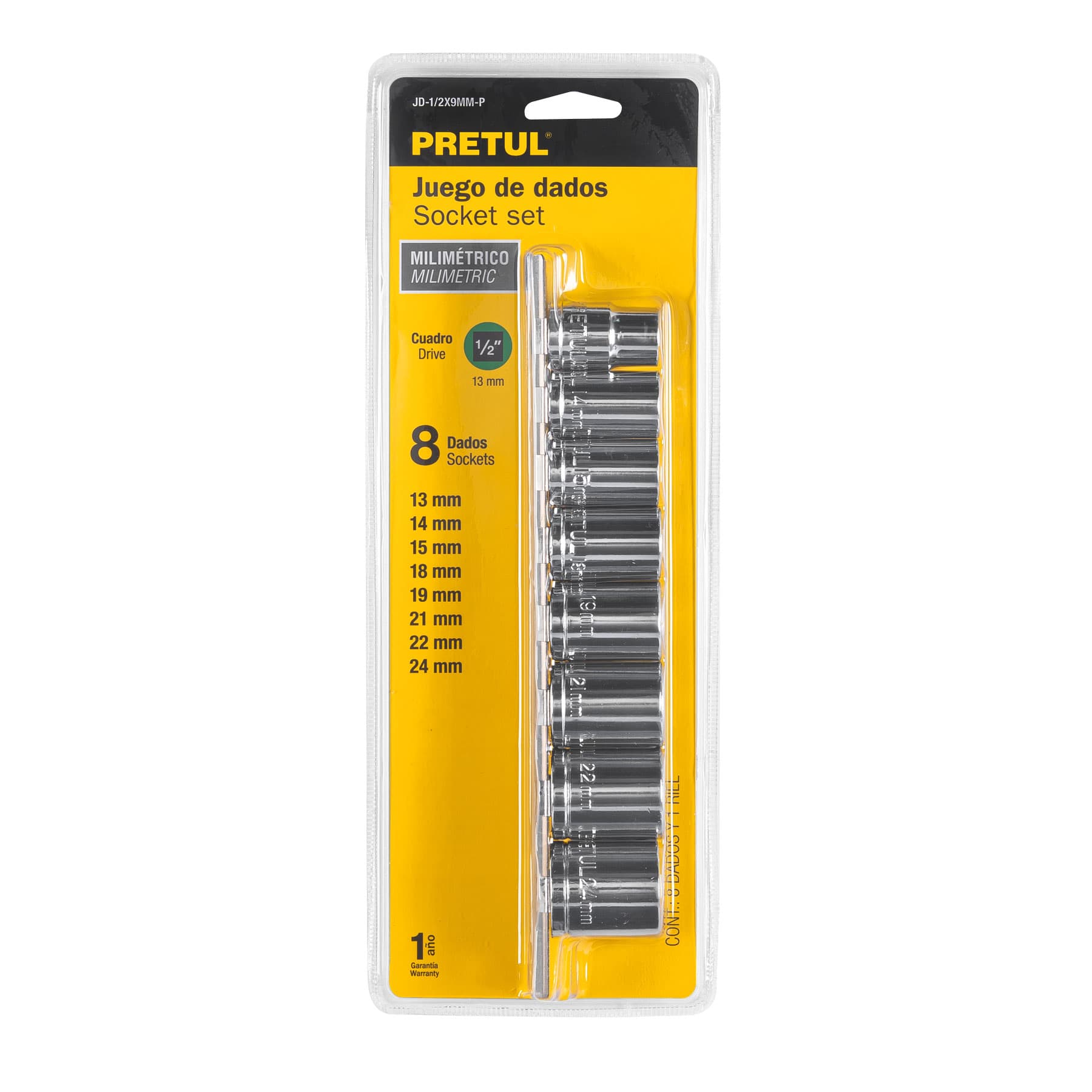 Juego de 8 dados cuadro 1/2" mm, PRETUL