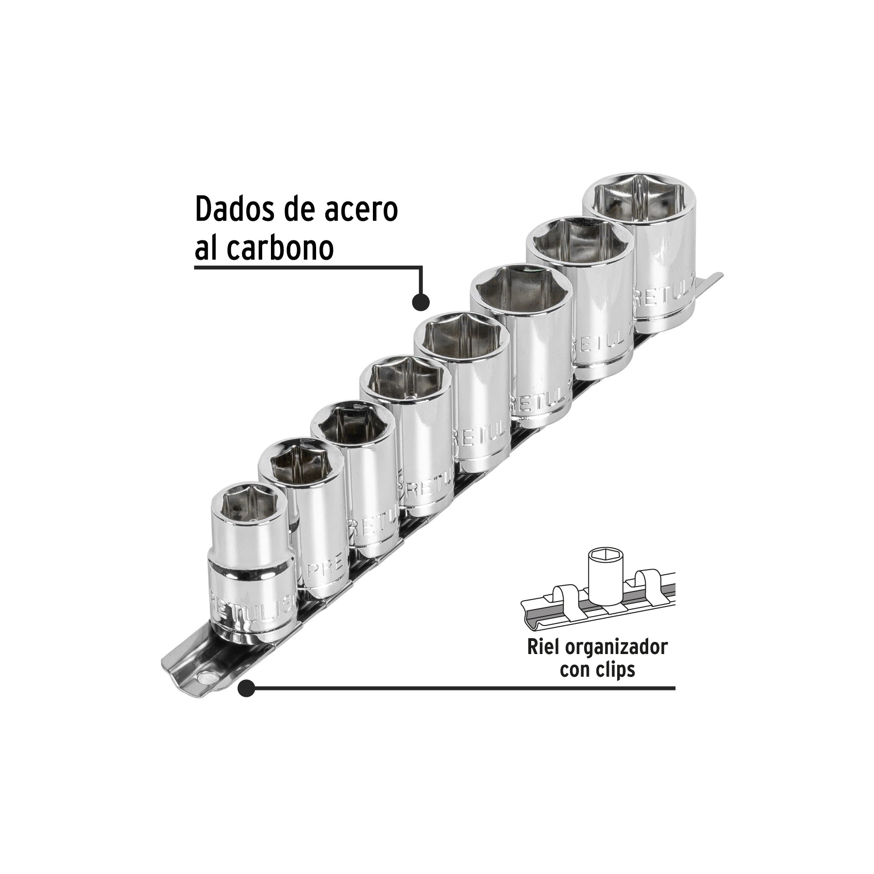 Juego de 8 dados cuadro 1/2" mm, PRETUL