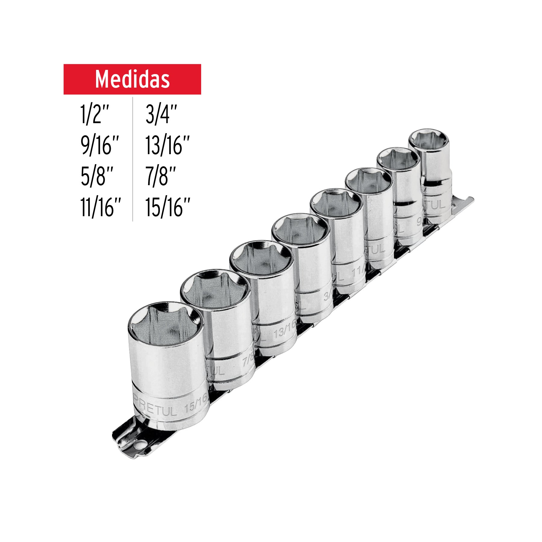 Juego de 8 dados cuadro 1/2" std, PRETUL
