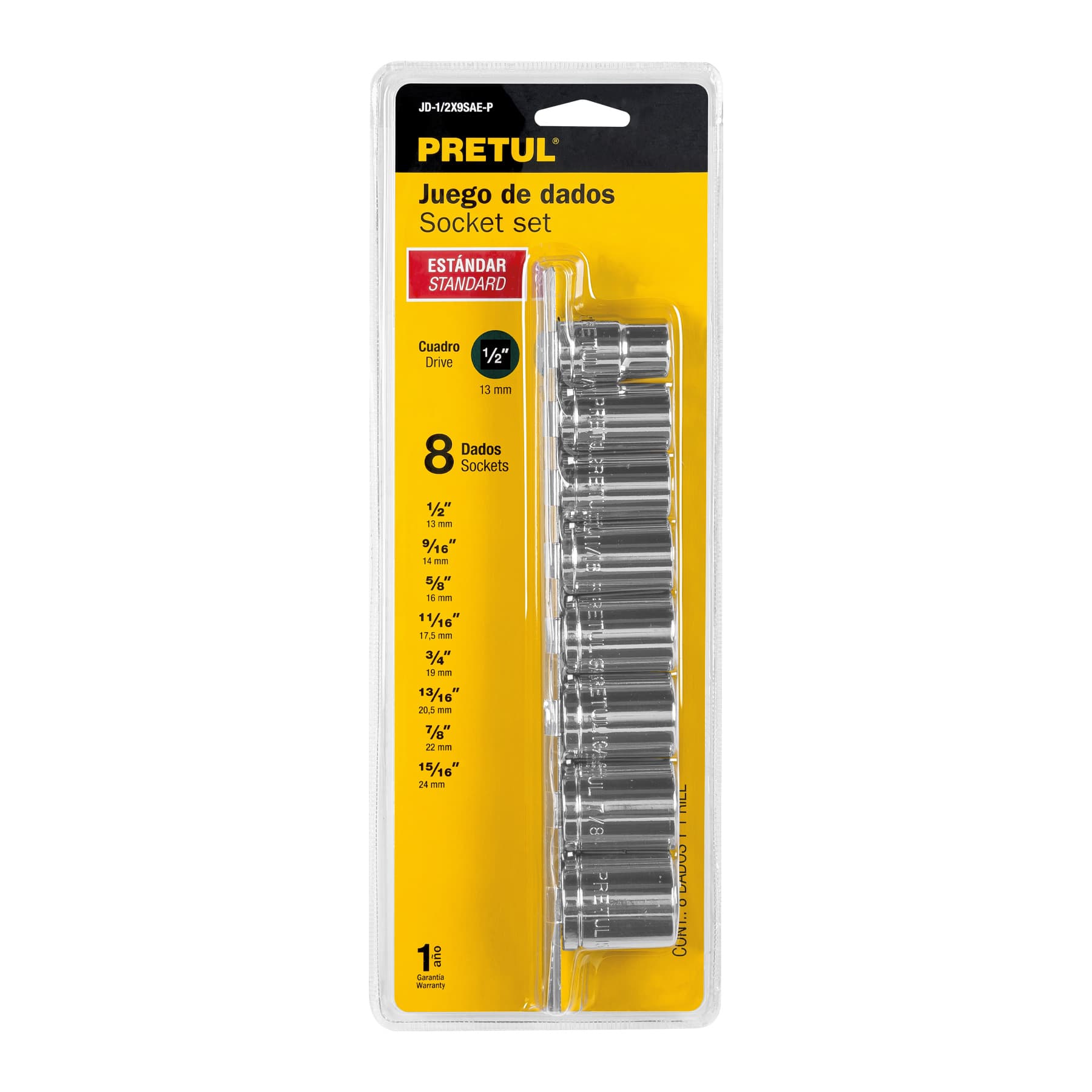 Juego de 8 dados cuadro 1/2" std, PRETUL