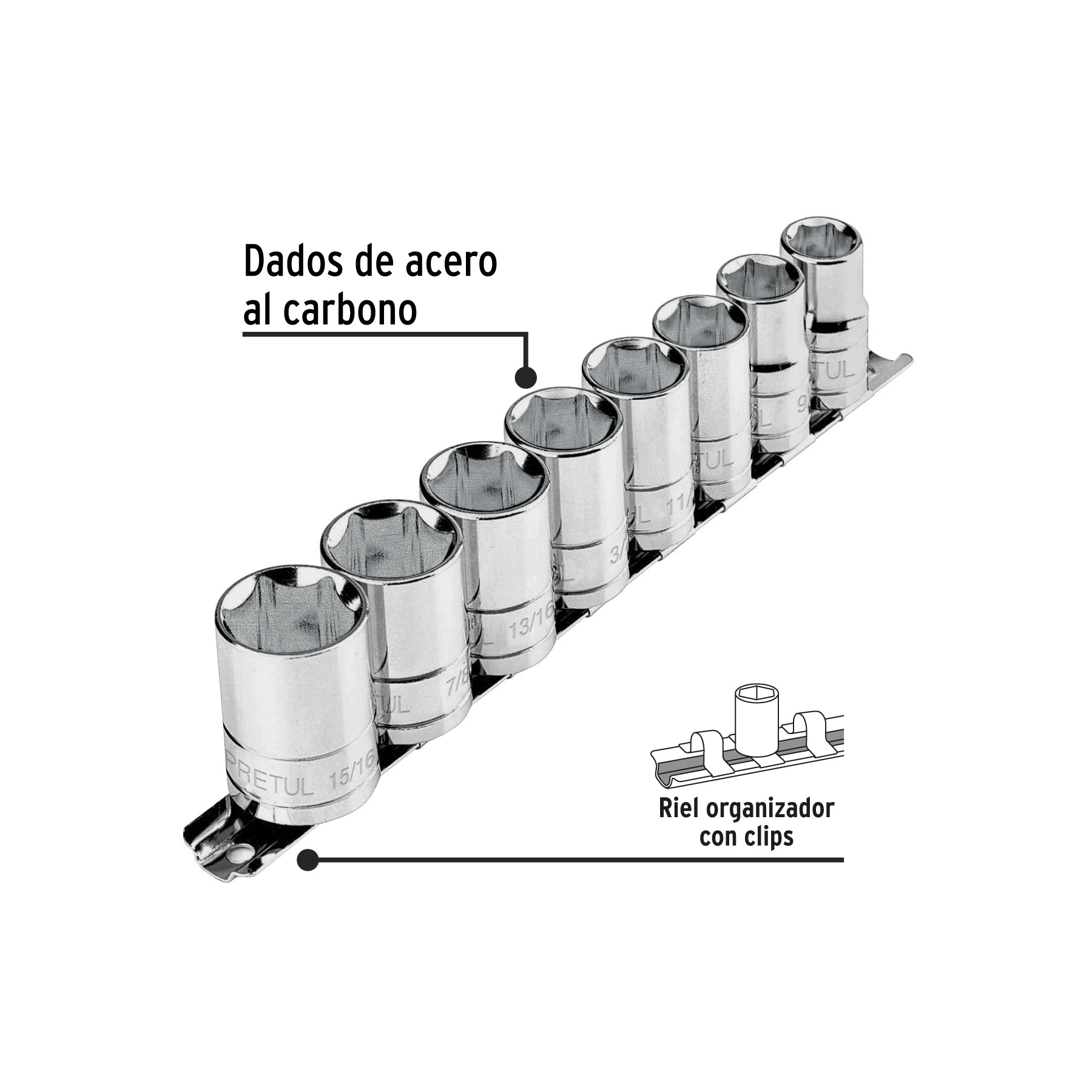 Juego de 8 dados cuadro 1/2" std, PRETUL