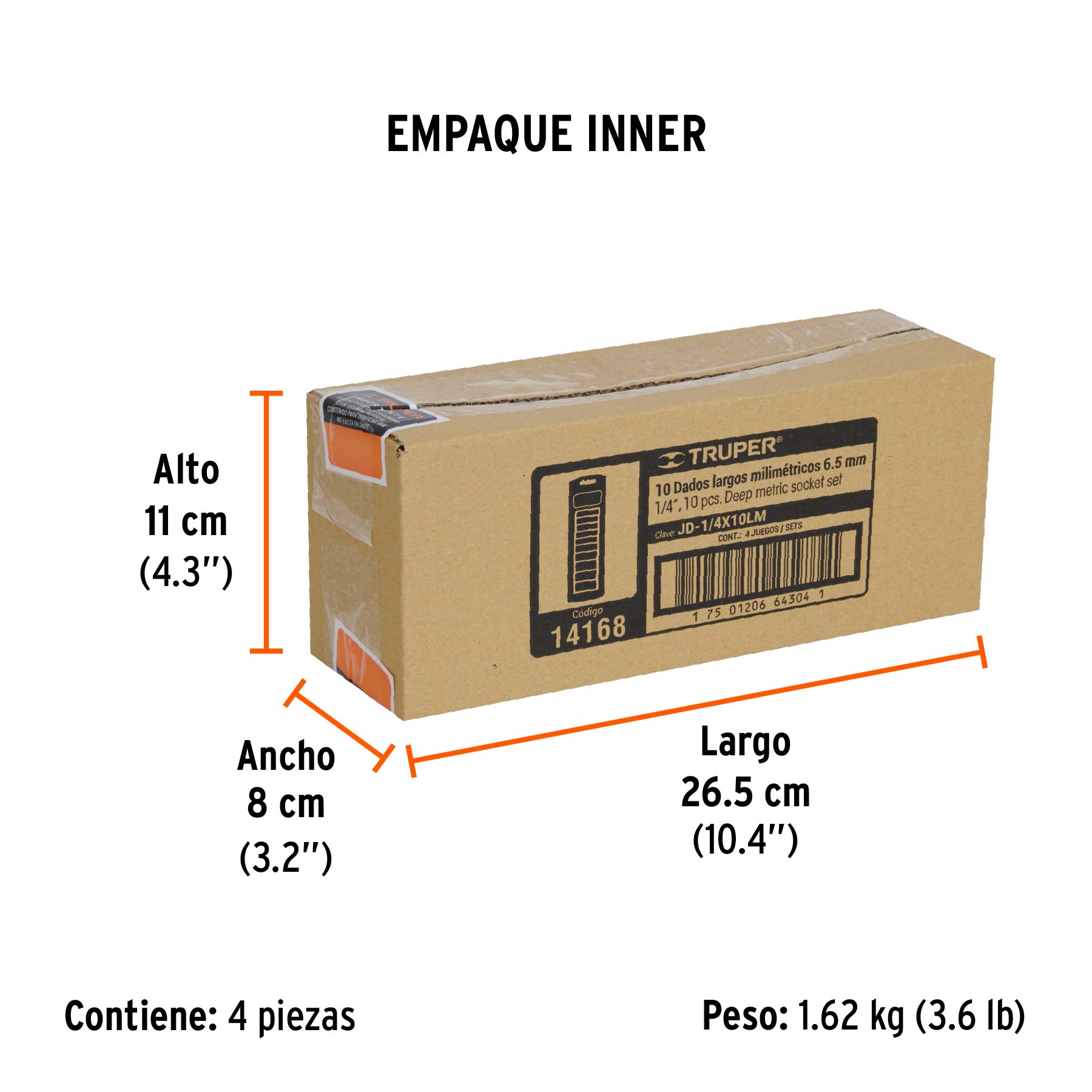 Juego de 10 dados largos cuadro 1/4" mm, TRUPER - Empaque
