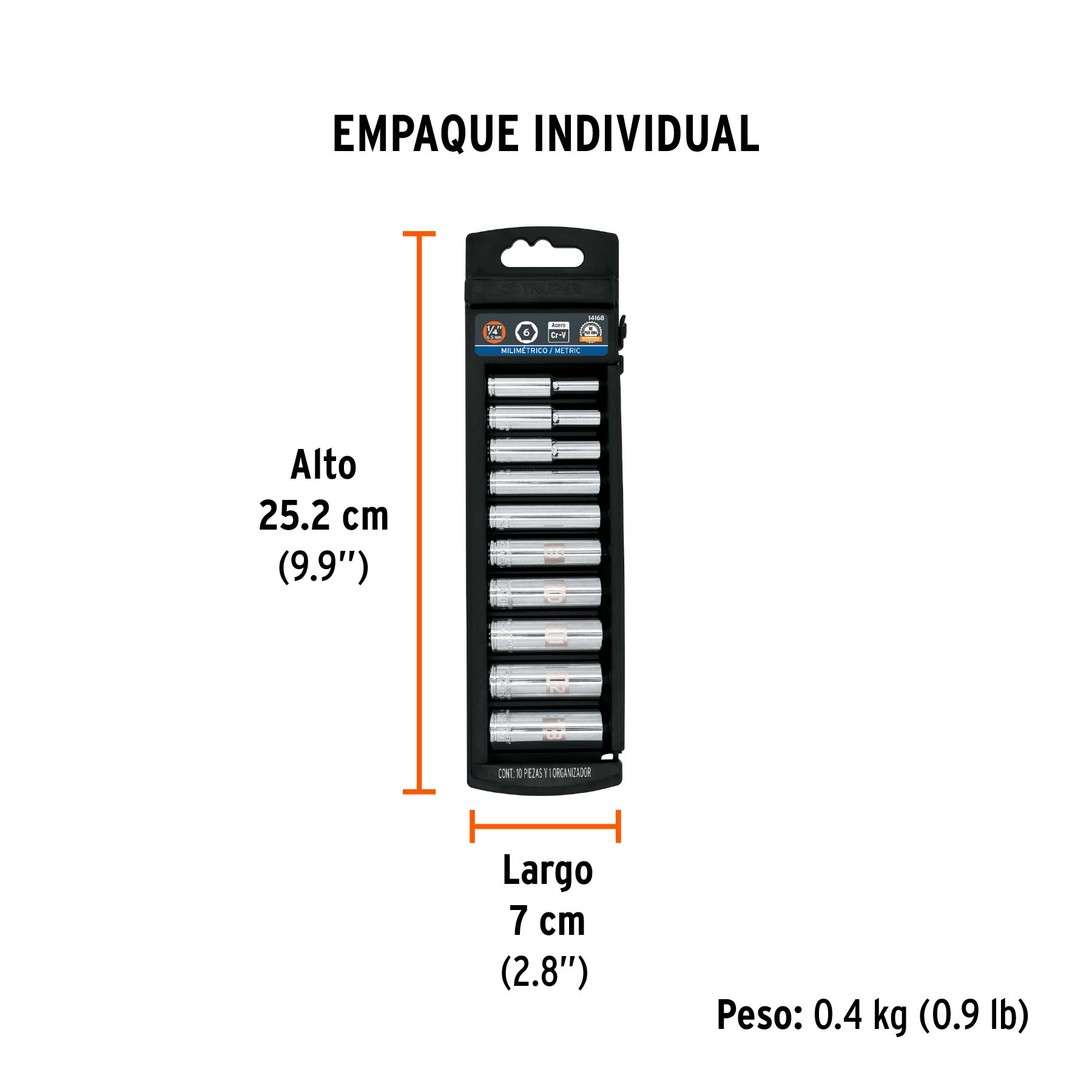 Juego de 10 dados largos cuadro 1/4" mm, TRUPER - Empaque