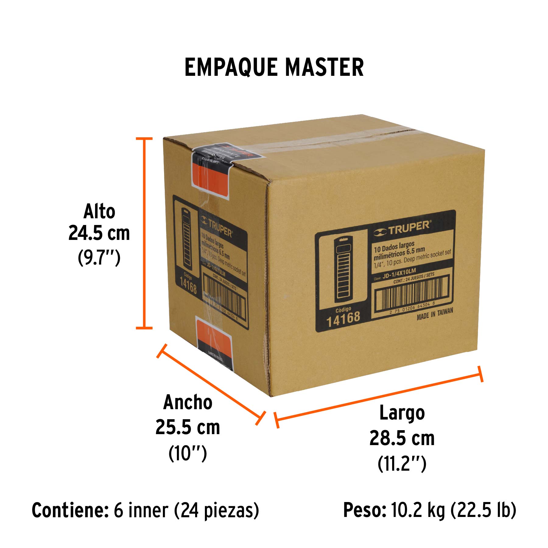 Juego de 10 dados largos cuadro 1/4" mm, TRUPER - Empaque