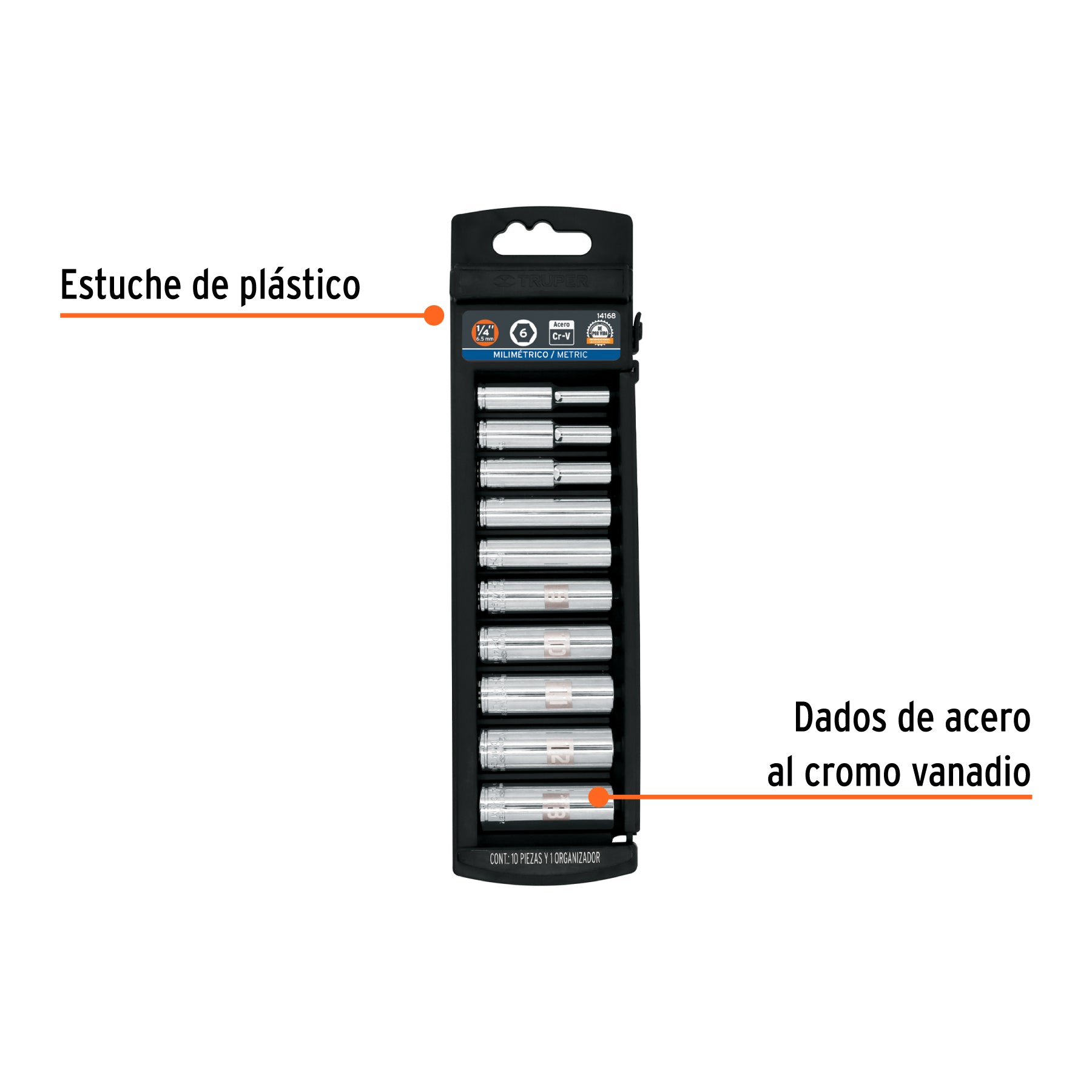 Juego de 10 dados largos cuadro 1/4" mm, TRUPER
