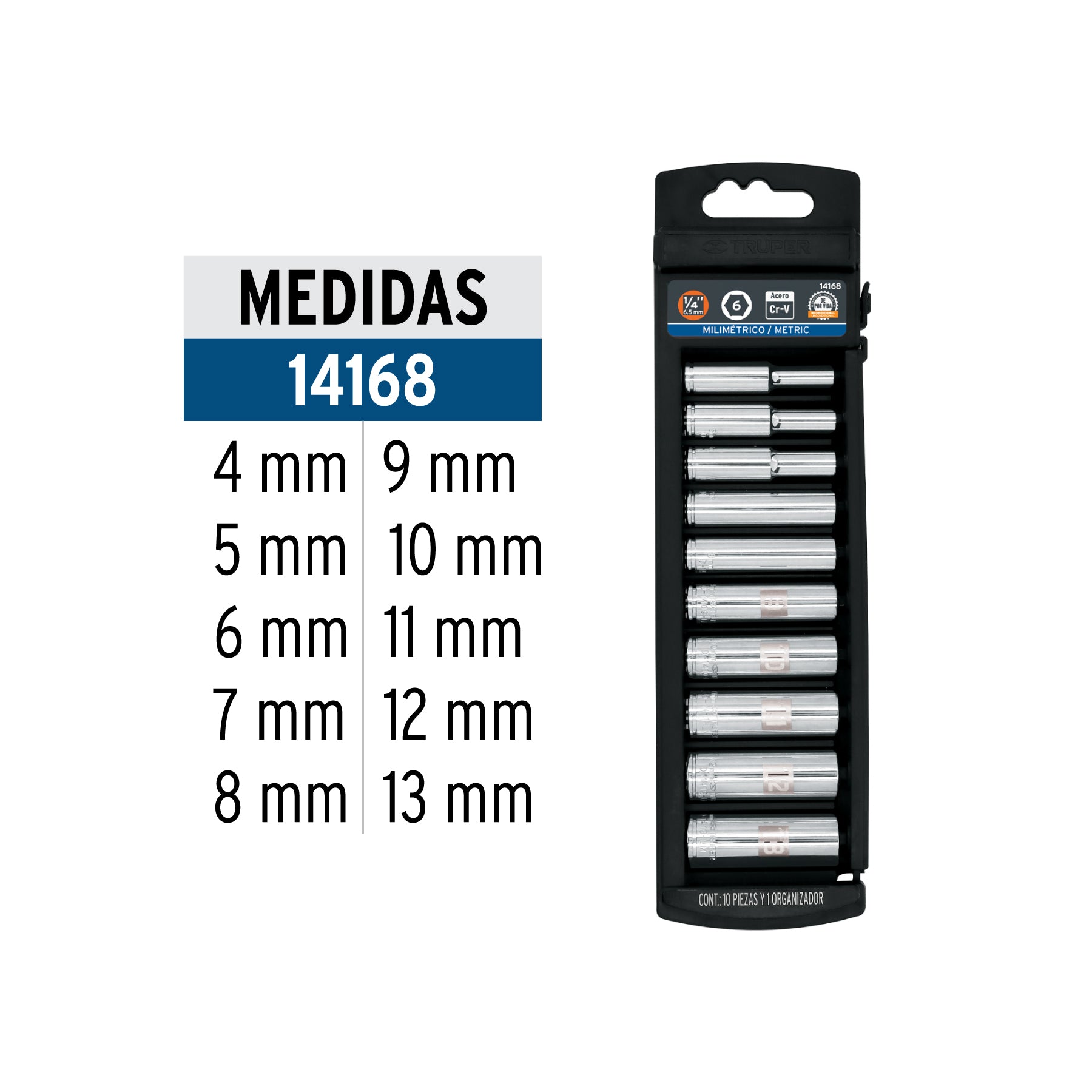 Juego de 10 dados largos cuadro 1/4" mm, TRUPER