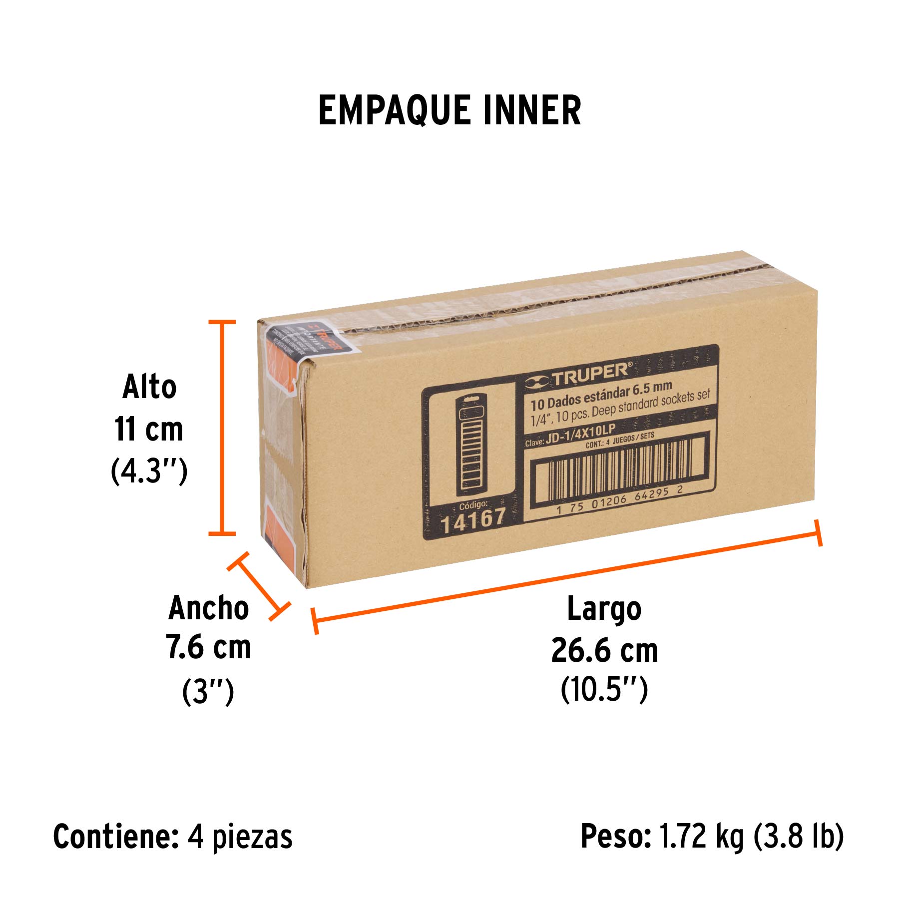 Juego de 10 dados largos cuadro 1/4" std, TRUPER - Empaque