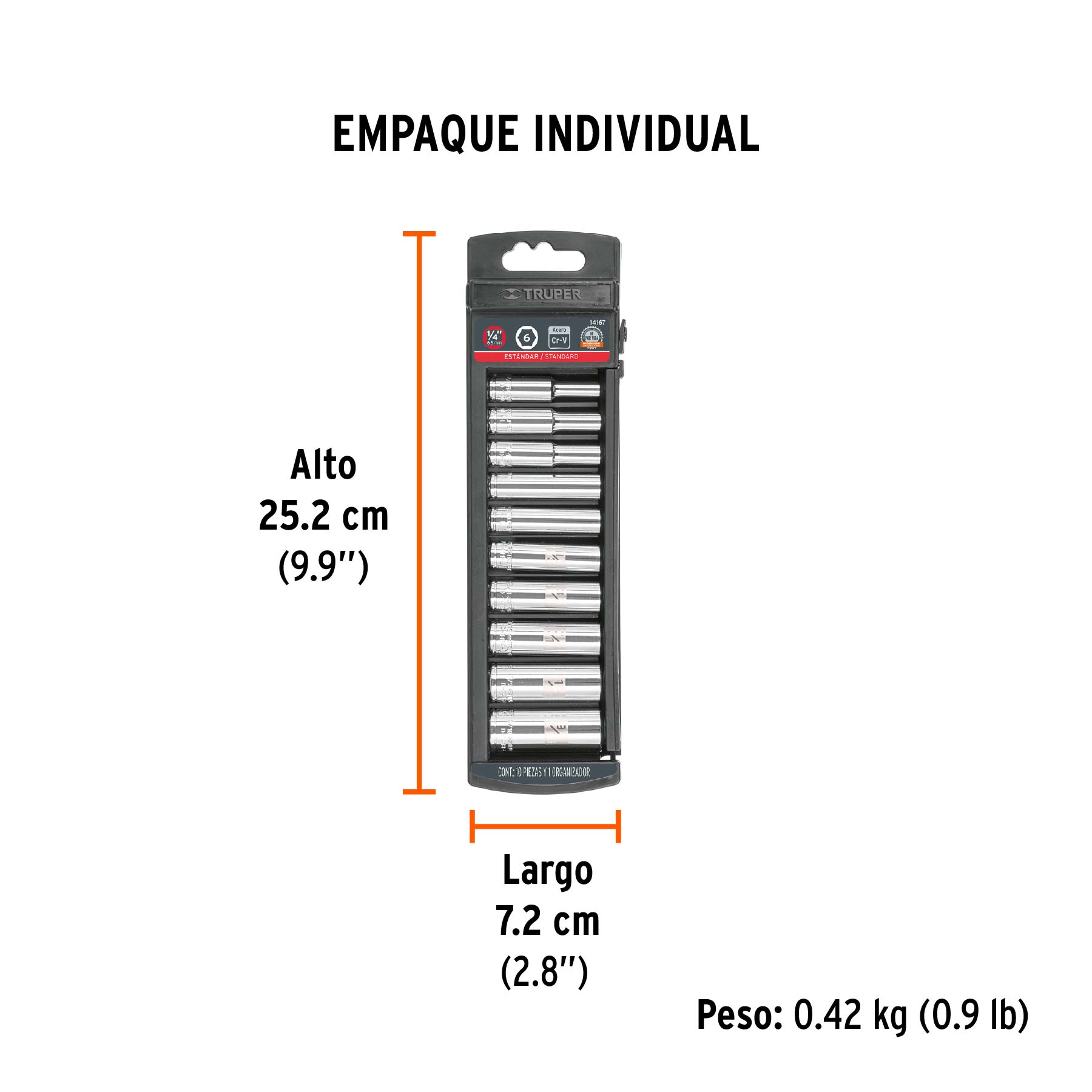 Juego de 10 dados largos cuadro 1/4" std, TRUPER - Empaque