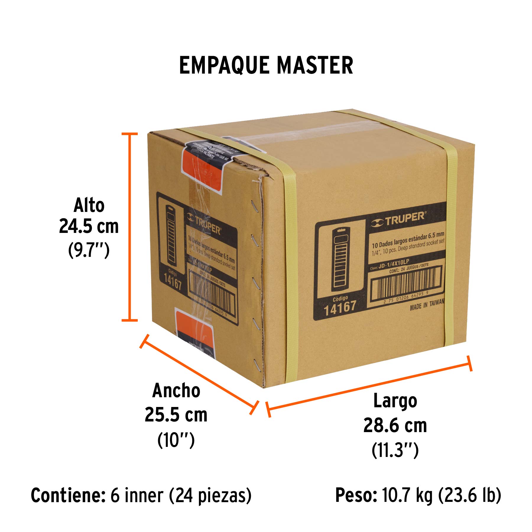 Juego de 10 dados largos cuadro 1/4" std, TRUPER - Empaque