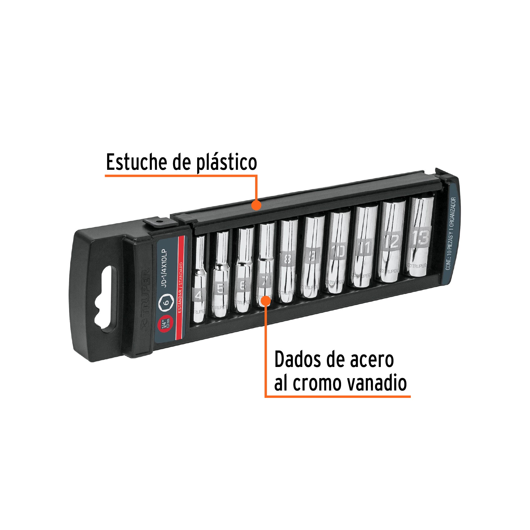 Juego de 10 dados largos cuadro 1/4" std, TRUPER