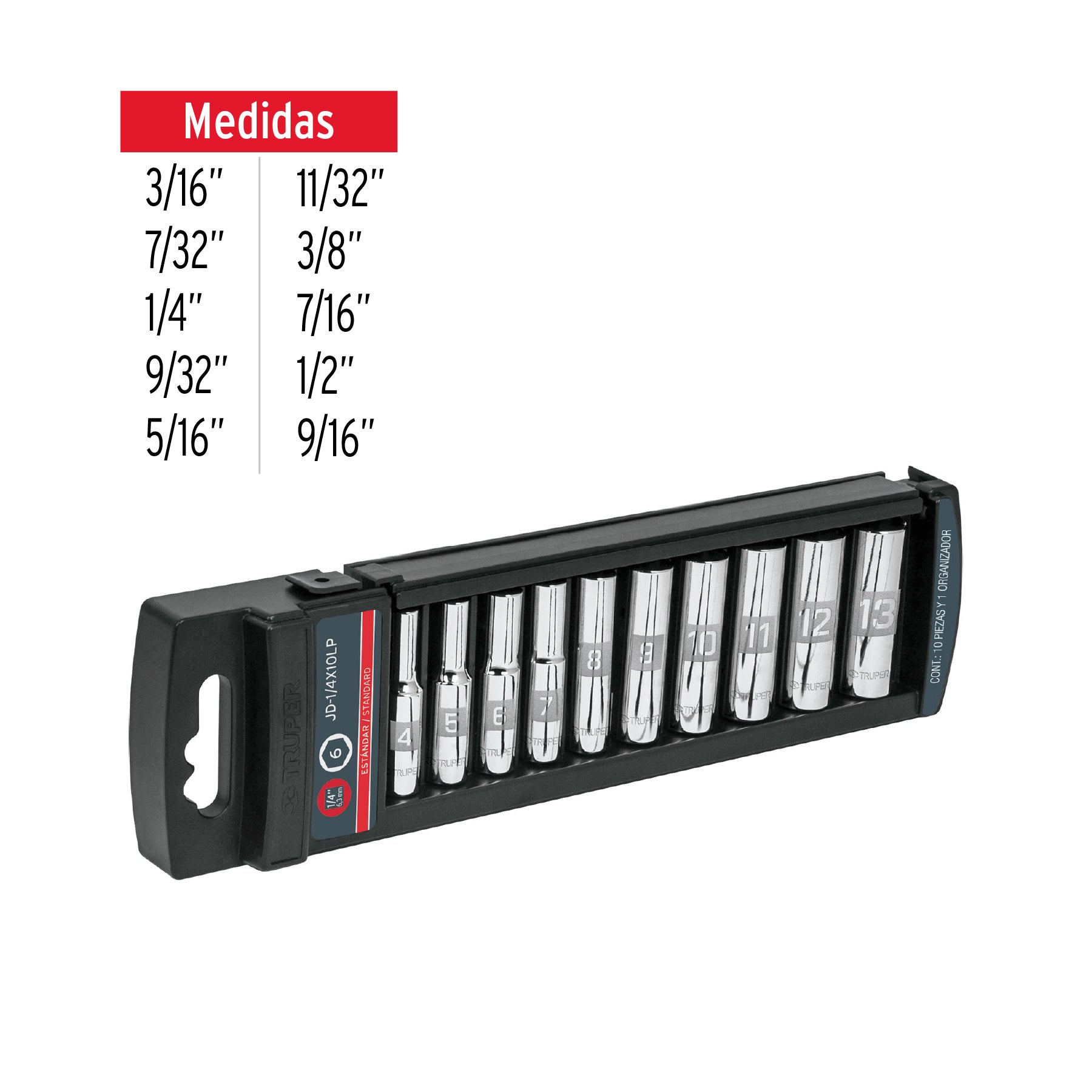 Juego de 10 dados largos cuadro 1/4" std, TRUPER