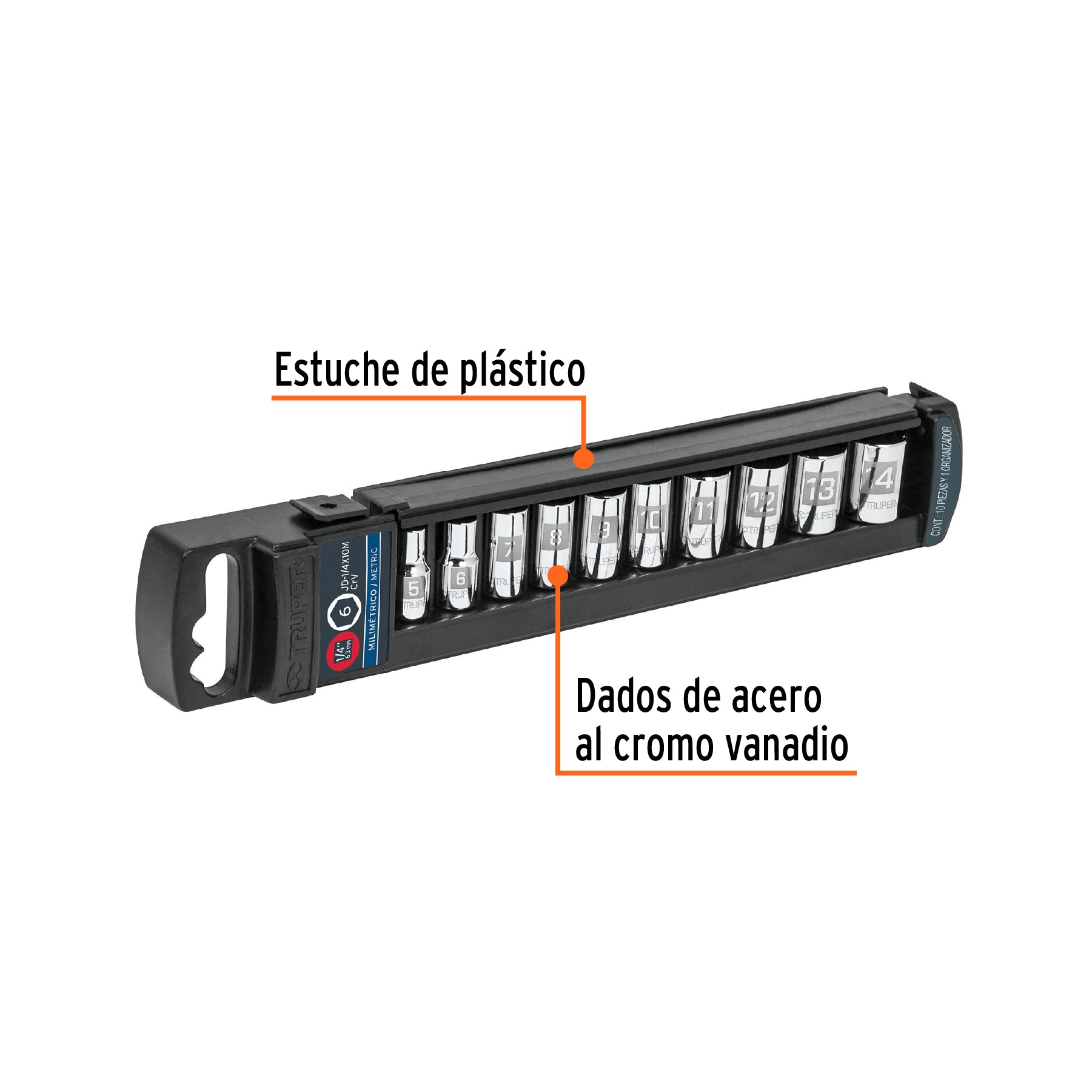 Juego de 10 dados cuadro 1/4" mm, TRUPER