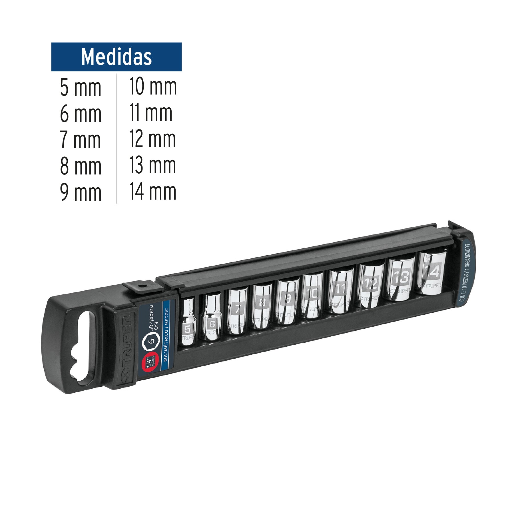 Juego de 10 dados cuadro 1/4" mm, TRUPER
