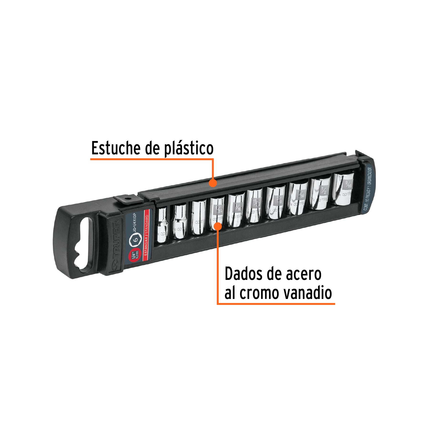 Juego de 10 dados cuadro 1/4" std, TRUPER