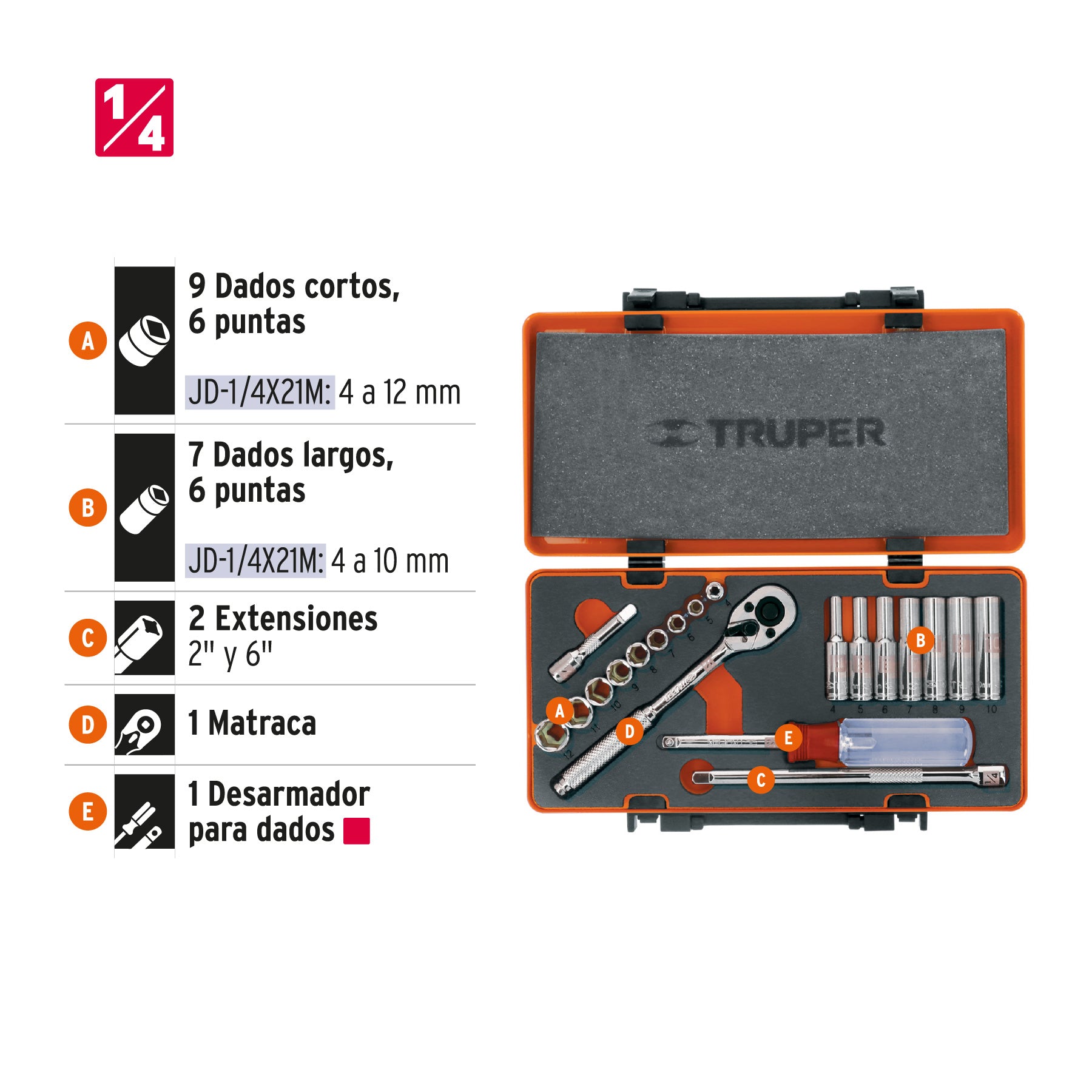 Juego de 20 herramientas cuadro 1/4" mm para mecánico