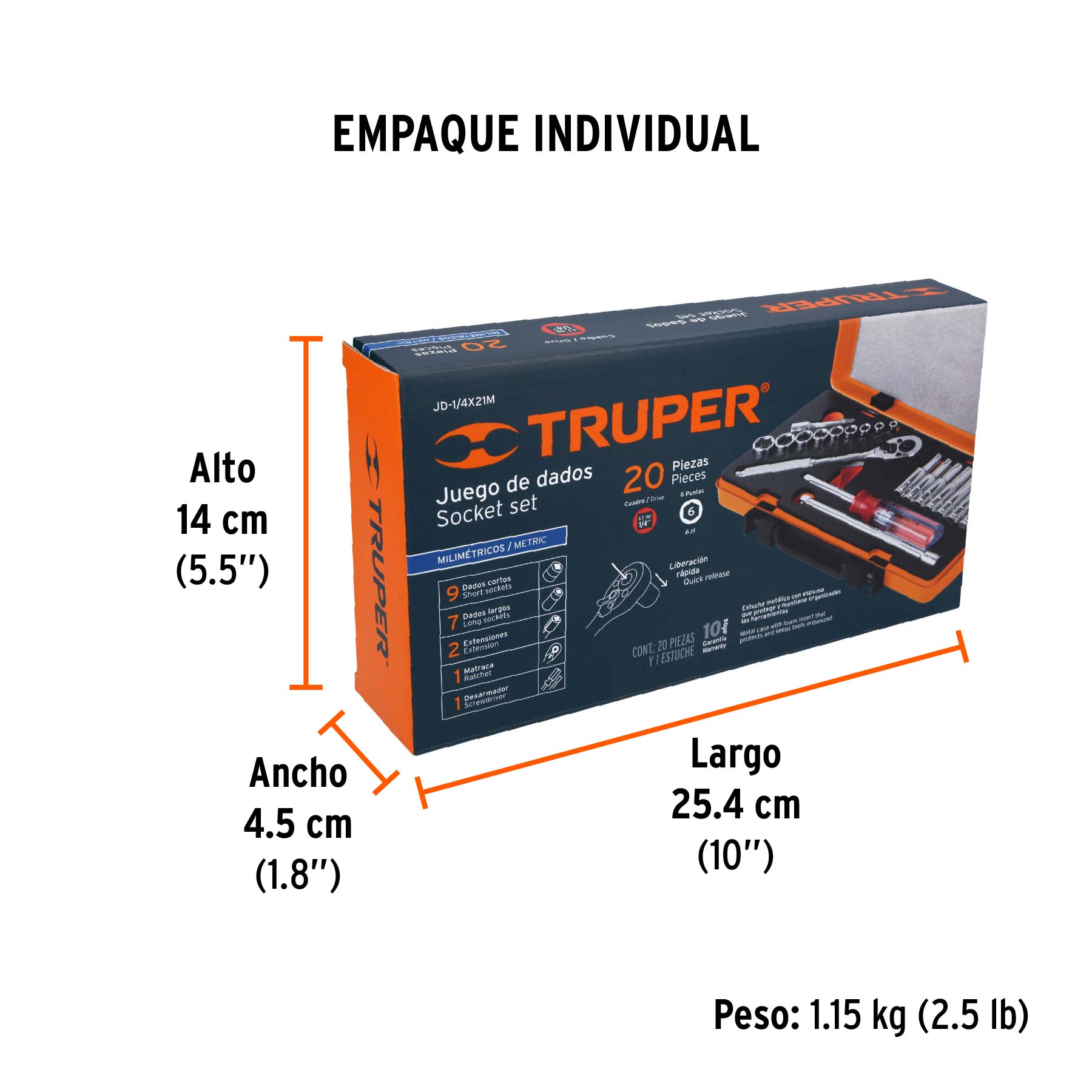 Juego de 20 herramientas cuadro 1/4" mm para mecánico - Empaque