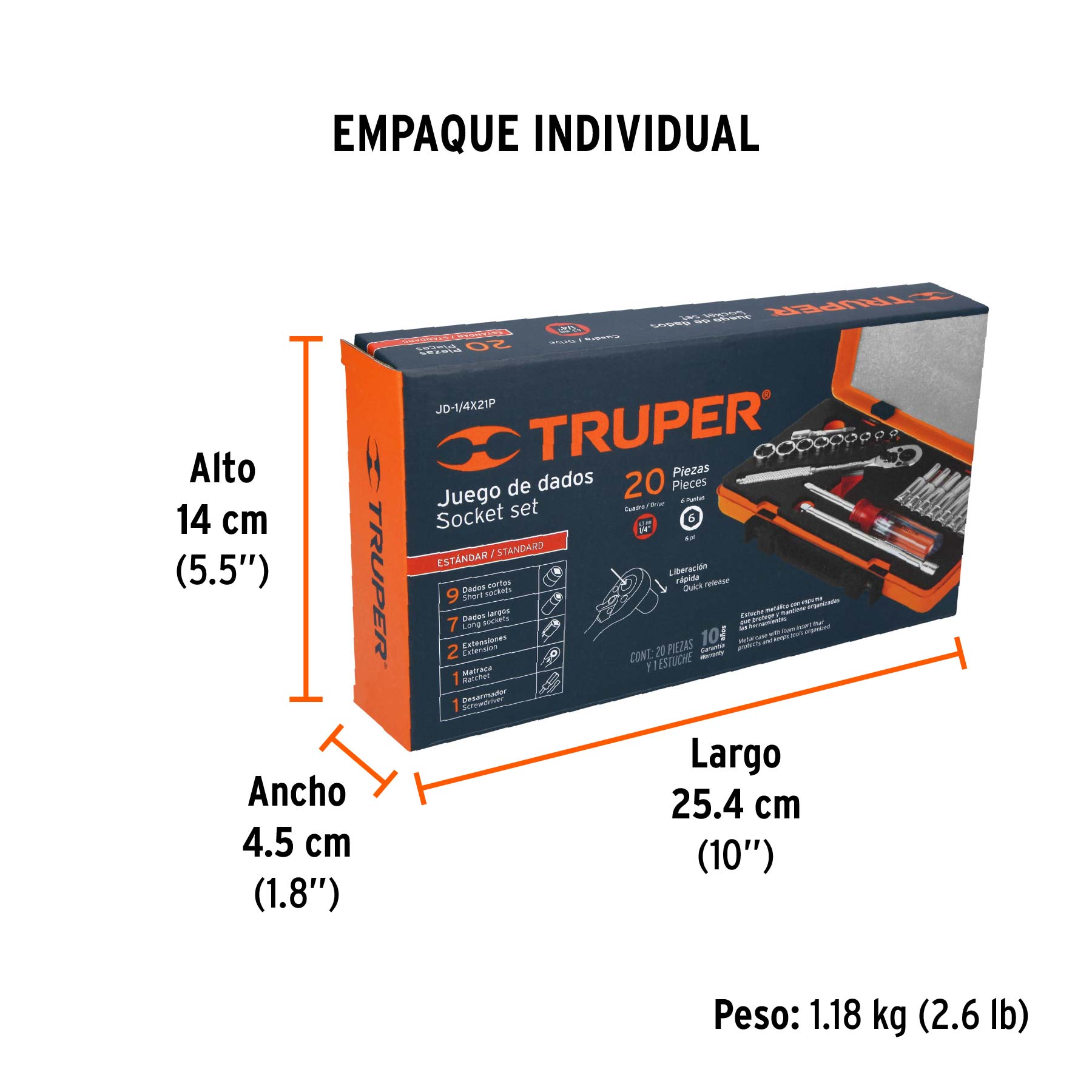 Juego de 20 herramientas cuadro 1/4" std para mecánico - Empaque