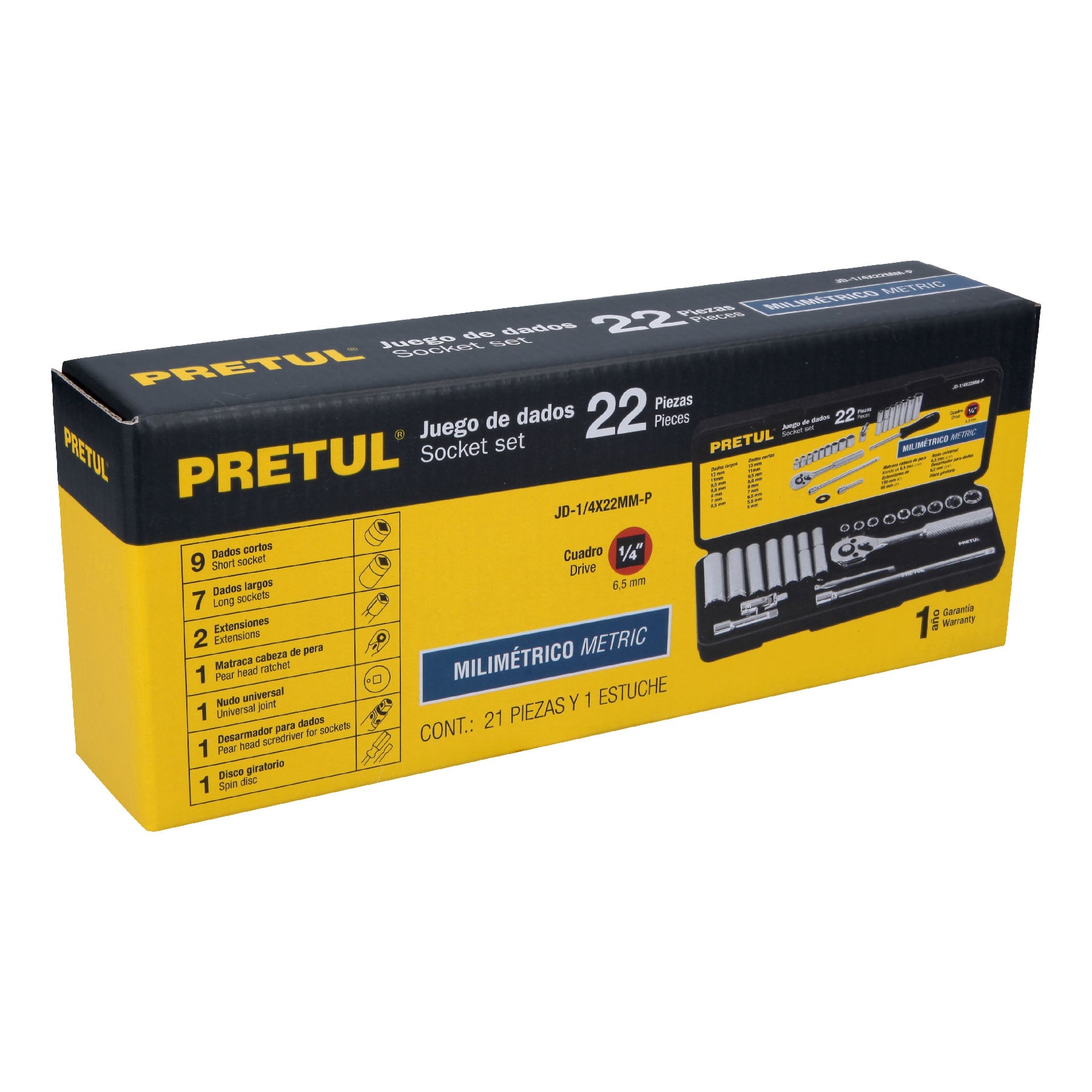 Juego de 22 herramientas 1/4" mm para mecánico, PRETUL
