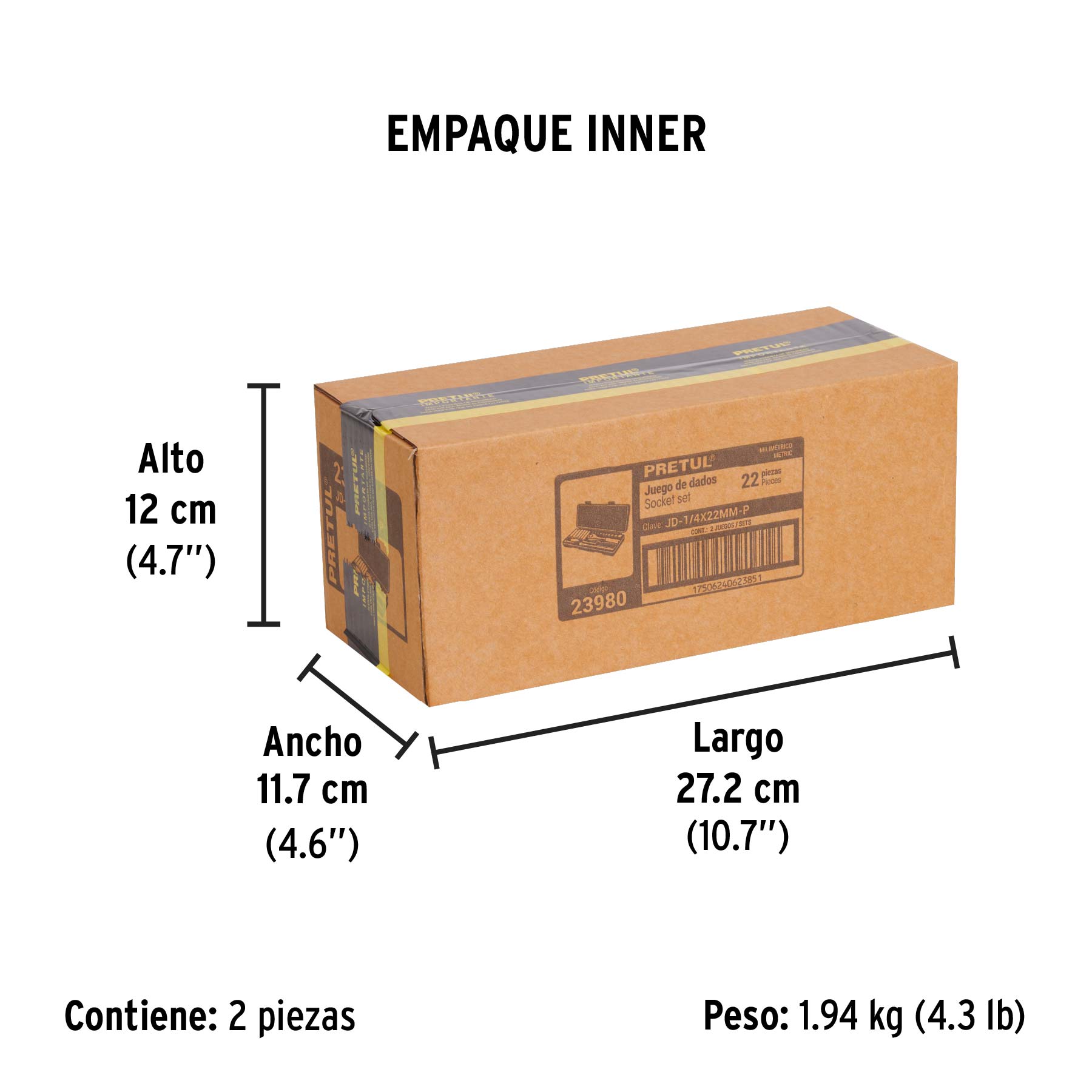 Juego de 22 herramientas 1/4" mm para mecánico, PRETUL - Empaque