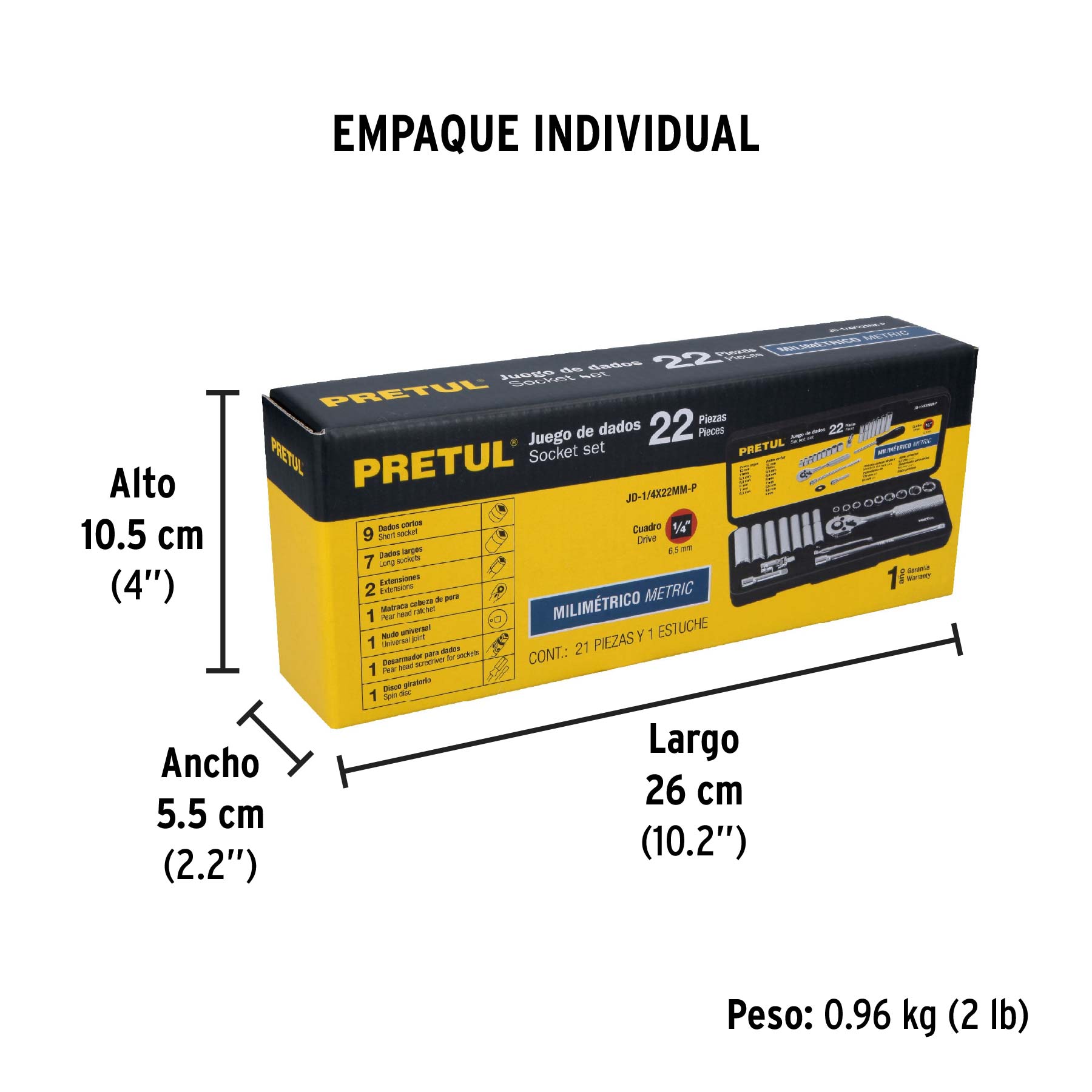 Juego de 22 herramientas 1/4" mm para mecánico, PRETUL - Empaque