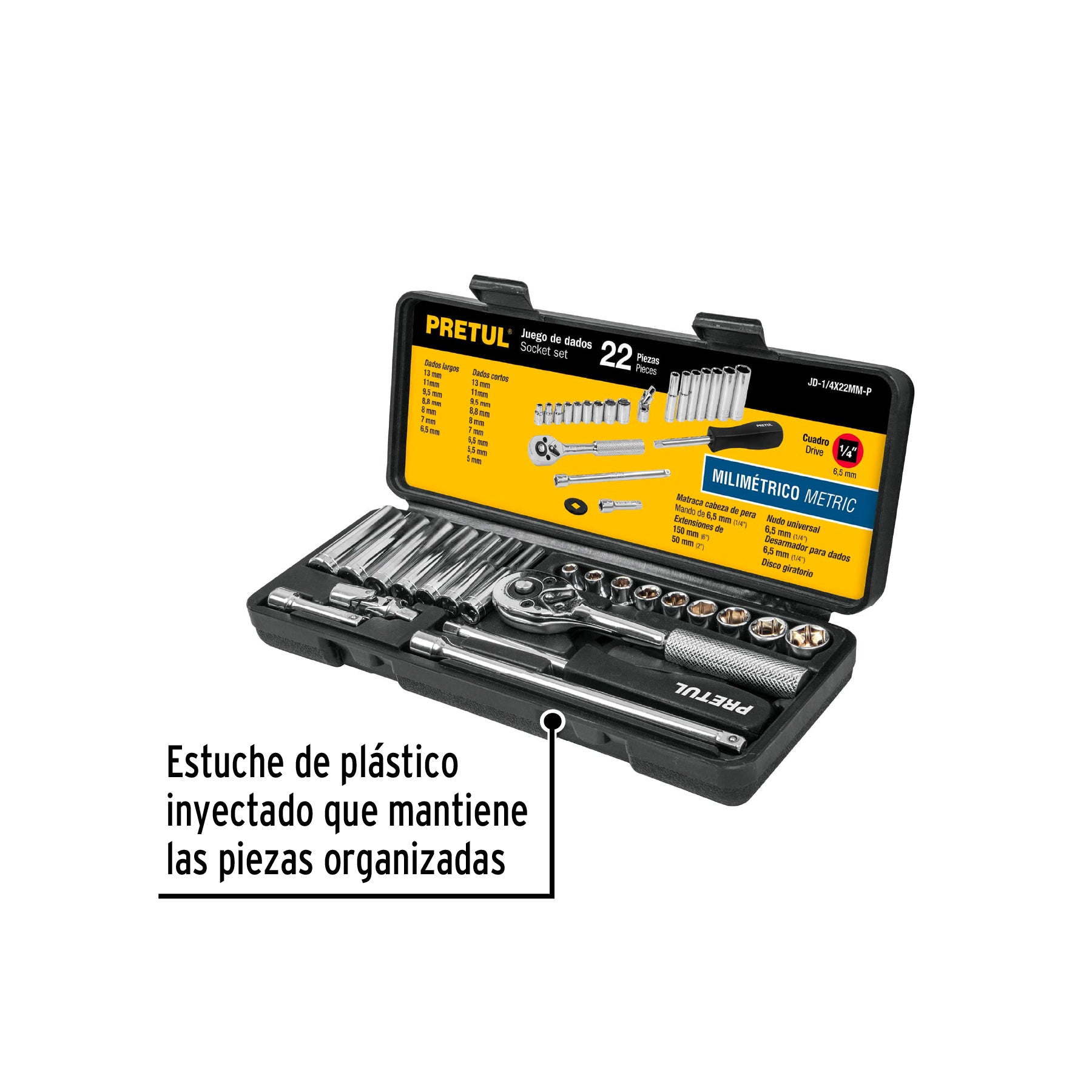 Juego de 22 herramientas 1/4" mm para mecánico, PRETUL