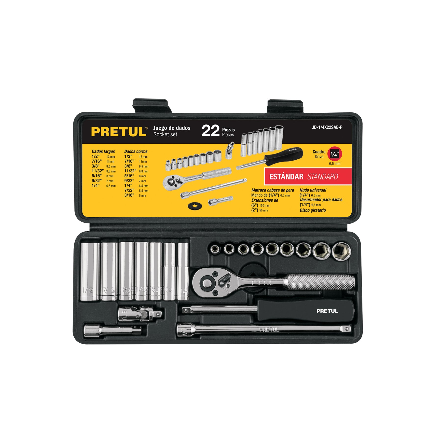 Juego de 22 herramientas 1/4" std para mecánico, PRETUL
