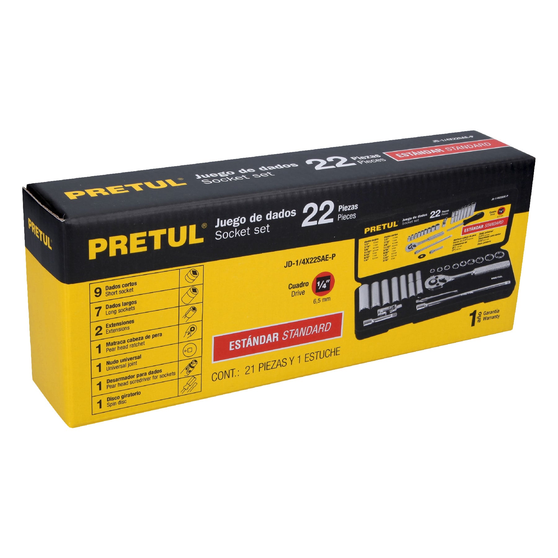 Juego de 22 herramientas 1/4" std para mecánico, PRETUL