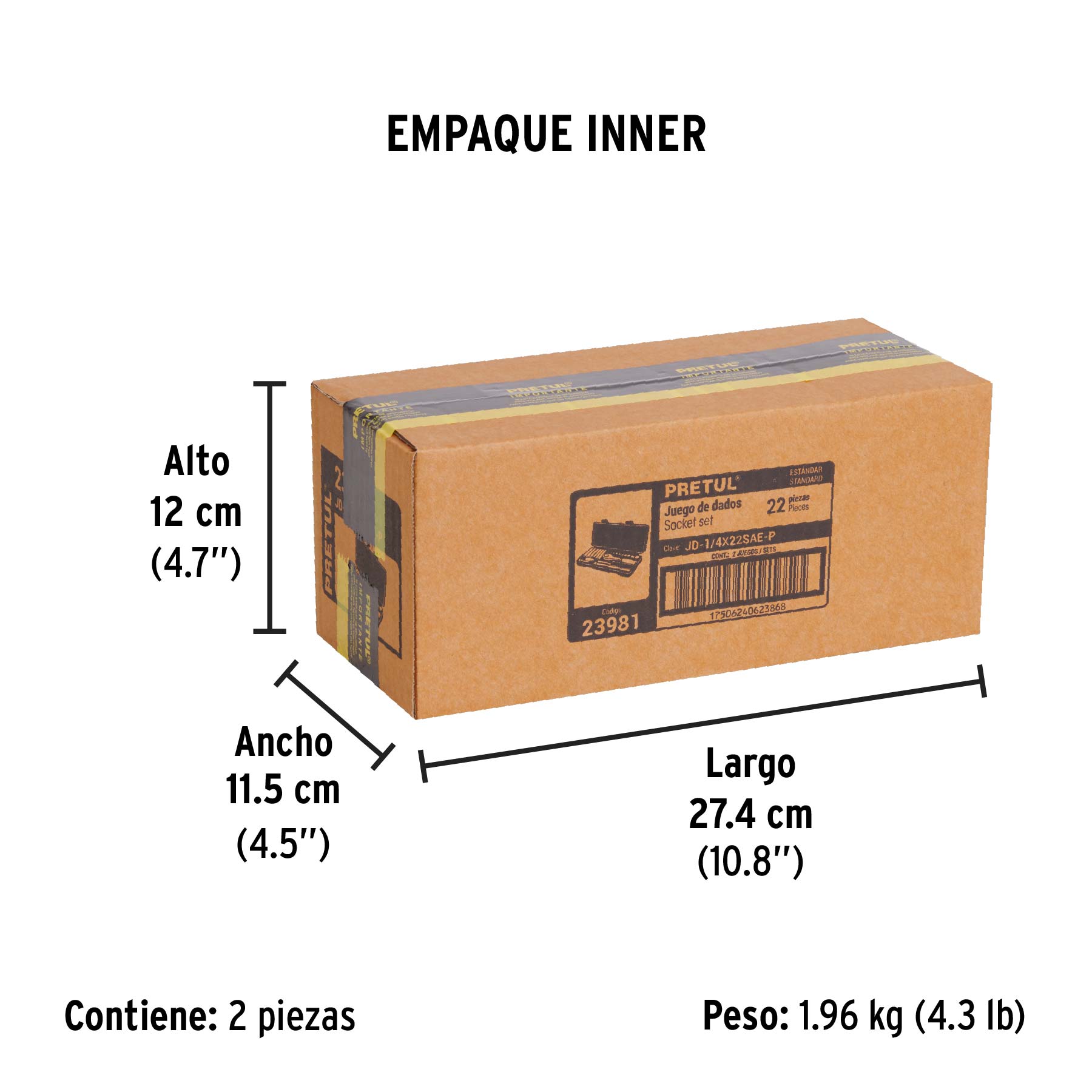 Juego de 22 herramientas 1/4" std para mecánico, PRETUL - Empaque