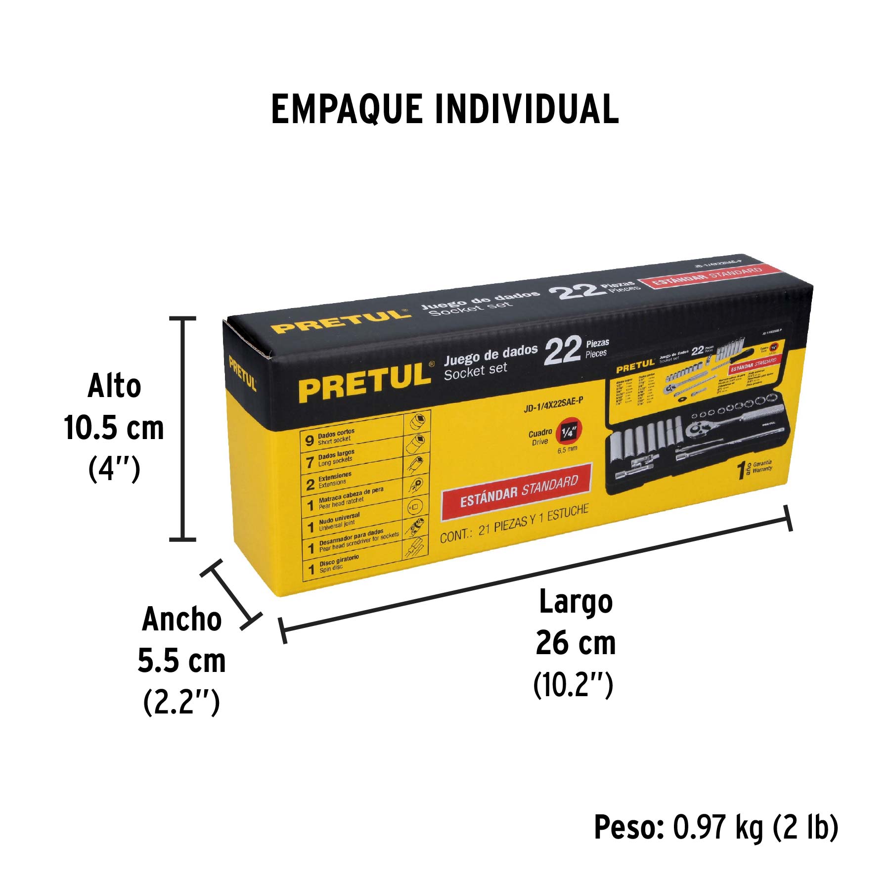 Juego de 22 herramientas 1/4" std para mecánico, PRETUL - Empaque