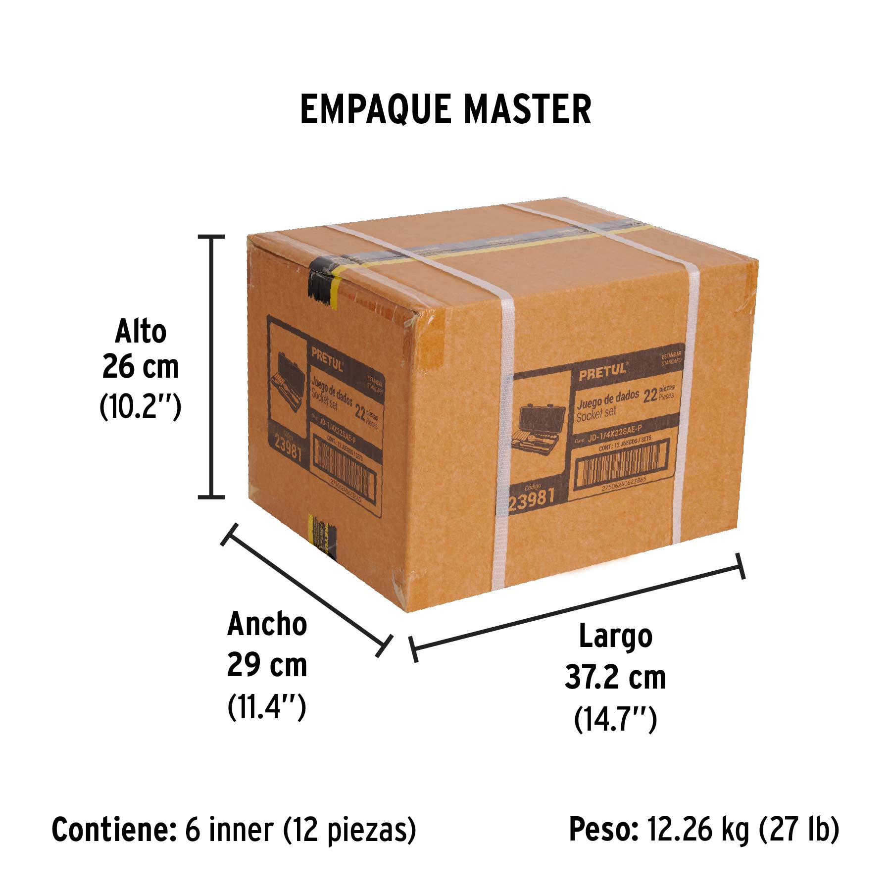 Juego de 22 herramientas 1/4" std para mecánico, PRETUL - Empaque