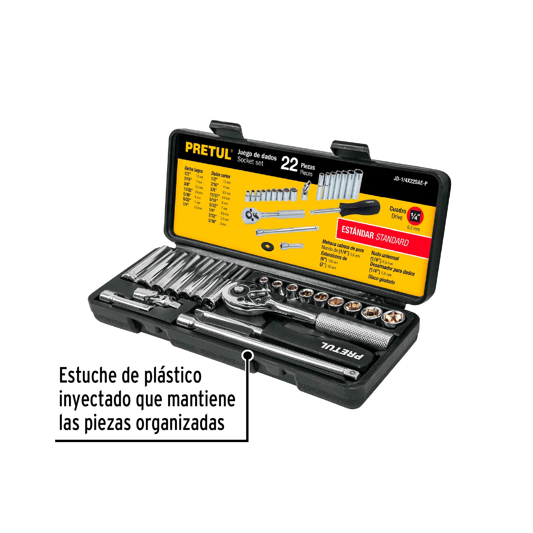 Juego de 22 herramientas 1/4" std para mecánico, PRETUL