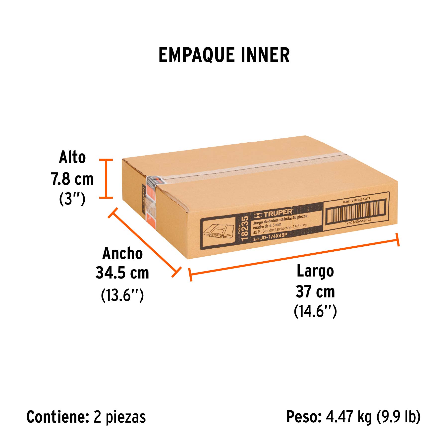 Juego de 45 herramientas cuadro 1/4" std para mecánico - Empaque