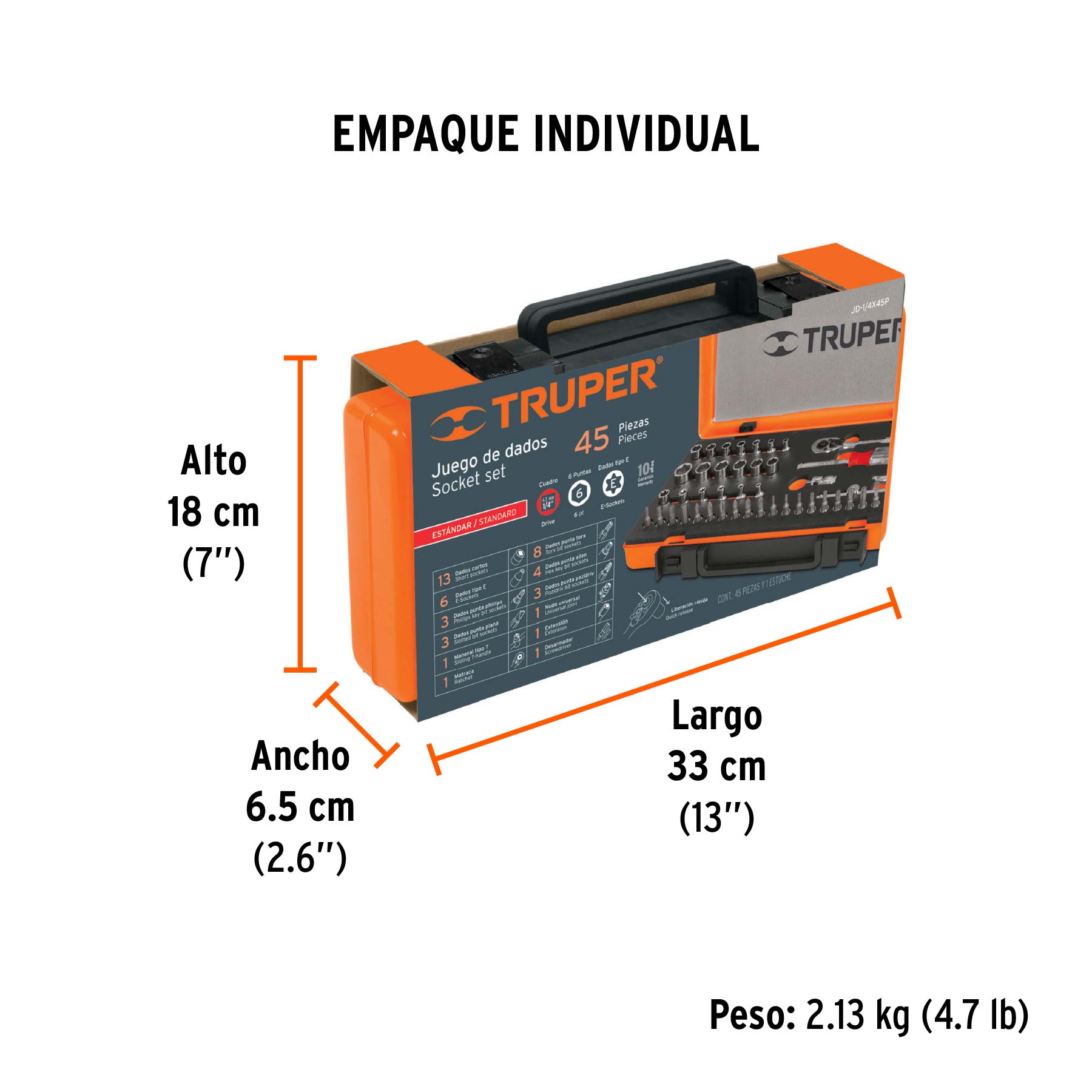 Juego de 45 herramientas cuadro 1/4" std para mecánico - Empaque