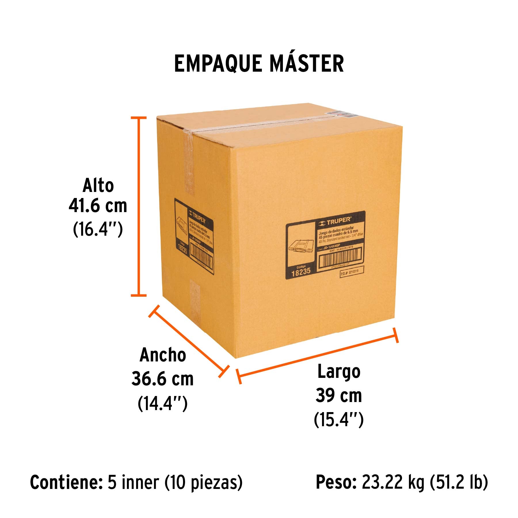 Juego de 45 herramientas cuadro 1/4" std para mecánico - Empaque
