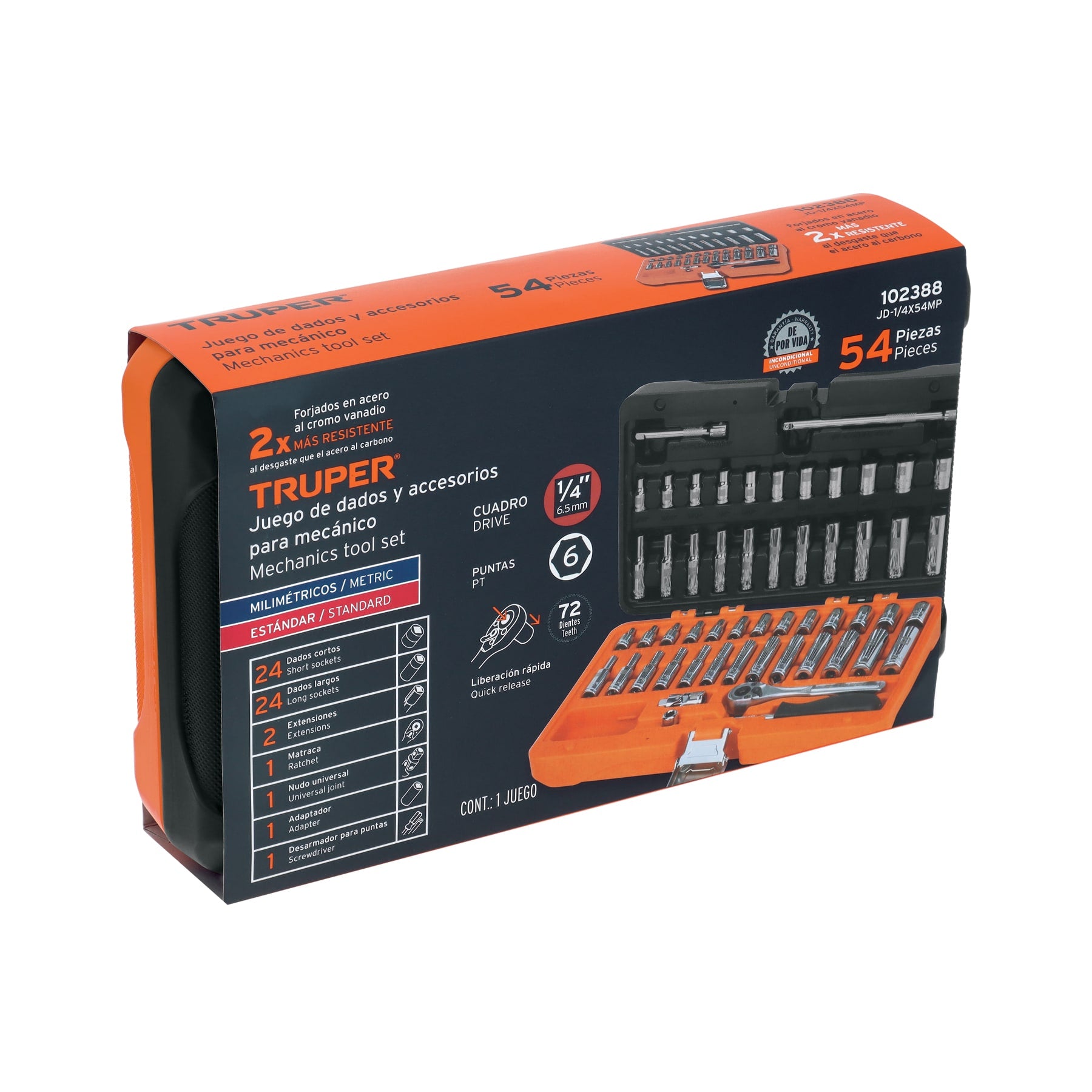 Juego de 54 herramientas cuadro 1/4" std y mm para mecánico