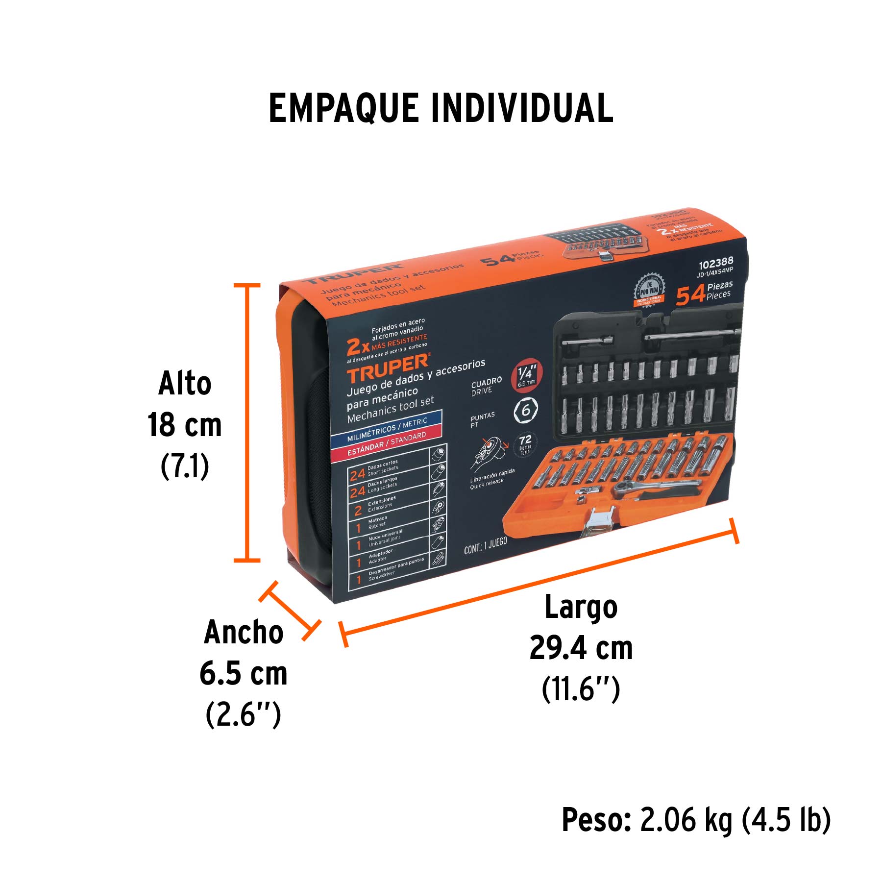 Juego de 54 herramientas cuadro 1/4" std y mm para mecánico - Empaque